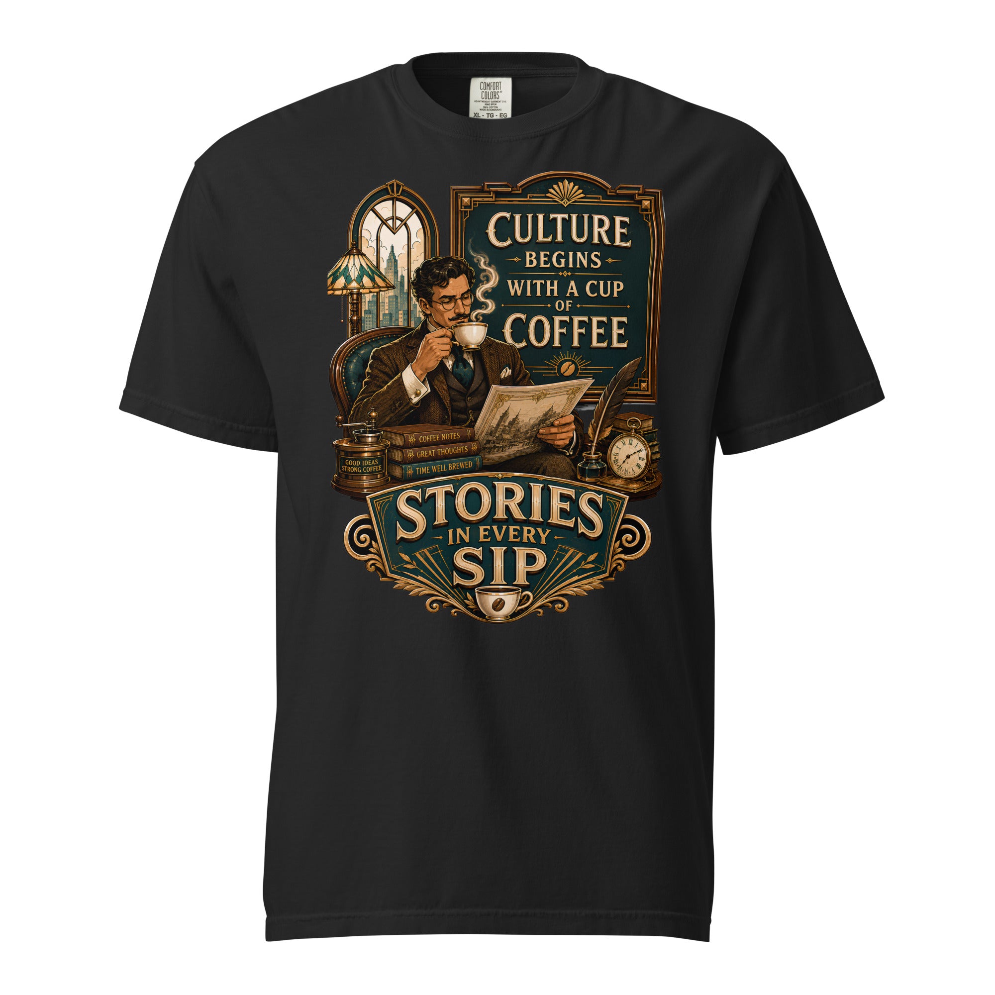 Coffee Lovers Unisex Heavyweight T-shirt Stories in Every Sip – Vintage Gentleman & Intellectual Coffee Graphic Tee by printfluence.net