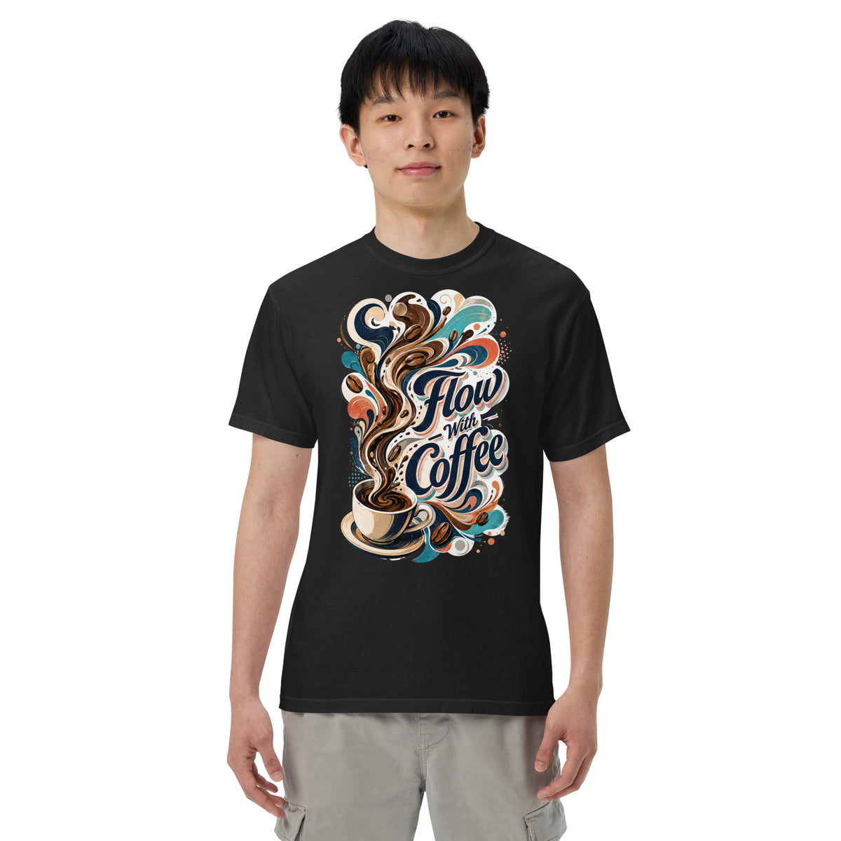Coffee Lovers Heavyweight T-Shirt Flow with Coffee – Abstract Swirl & Coffee Bean Graphic Tee by printfluence.net