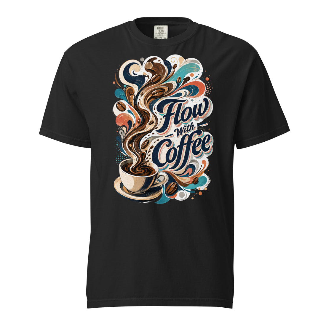 Coffee Lovers Heavyweight T-Shirt Flow with Coffee – Abstract Swirl & Coffee Bean Graphic Tee by printfluence.net