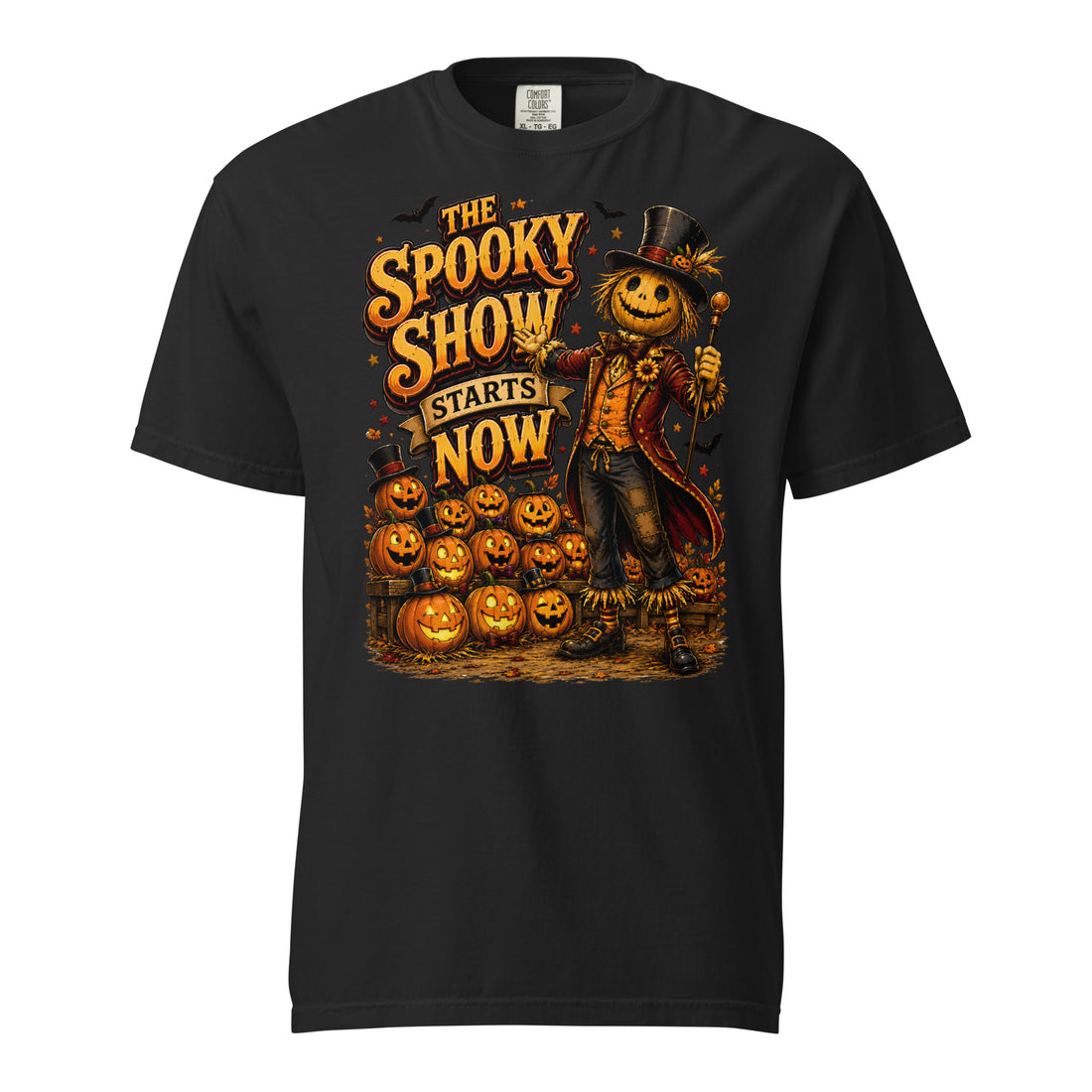 Spooky & Halloween Lovers Unisex Garment-Dyed Heavyweight T-Shirt with "The Spooky Show Starts Now" Design by printfluence.net