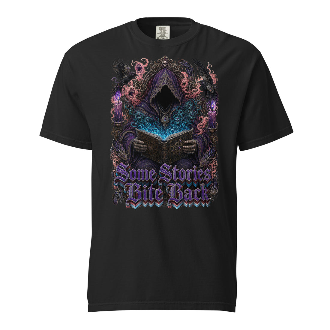 Horror & Mystery Lovers Unisex Garment-Dyed Heavyweight T-Shirt with "Some Stories Bite Back" Design by printfluence.net