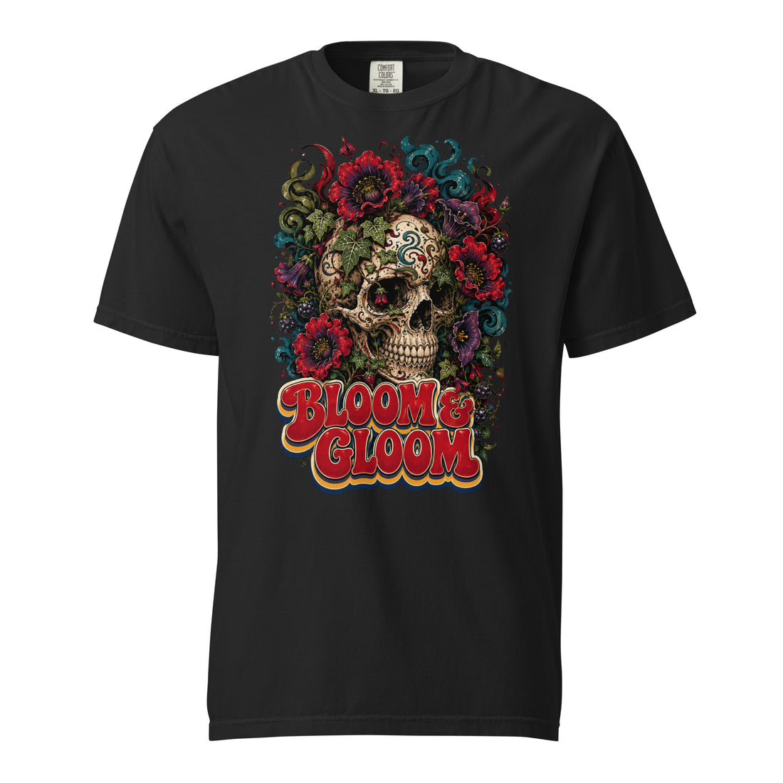 Dark Florals & Gothic Aesthetic Lovers Unisex Garment-Dyed Heavyweight T-Shirt with Skull and "Bloom & Gloom" Design by printfluence.net