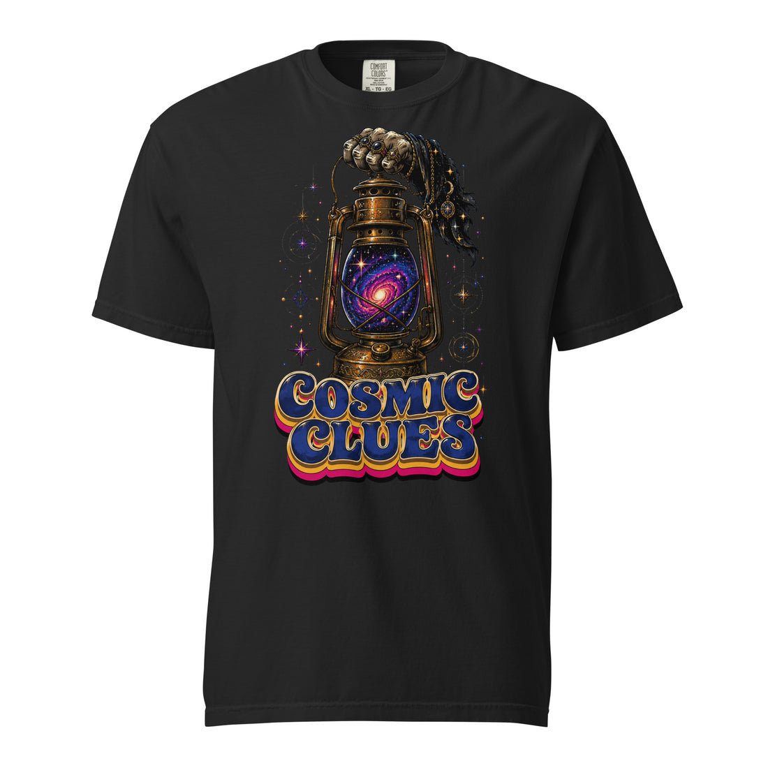 Cosmic & Esoteric Mystery Lovers Unisex Garment-Dyed Heavyweight T-Shirt with Galaxy Lantern and "Cosmic Clues" Design by printfluence.net