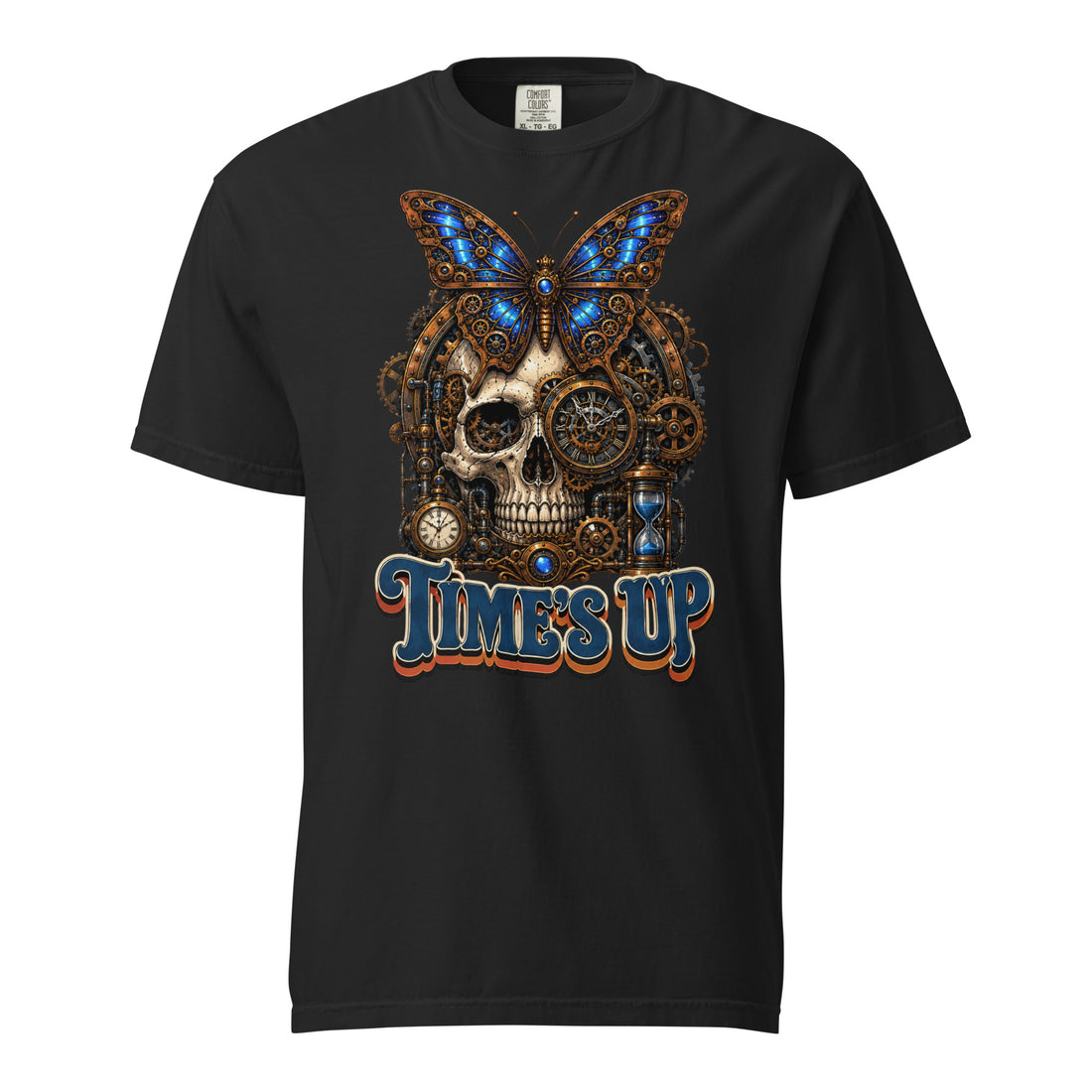 Horror and Mystery Lovers Unisex Garment-Dyed Heavyweight T-Shirt — "Time's Up" Mechanical Butterfly Skull Design by printfluence.net