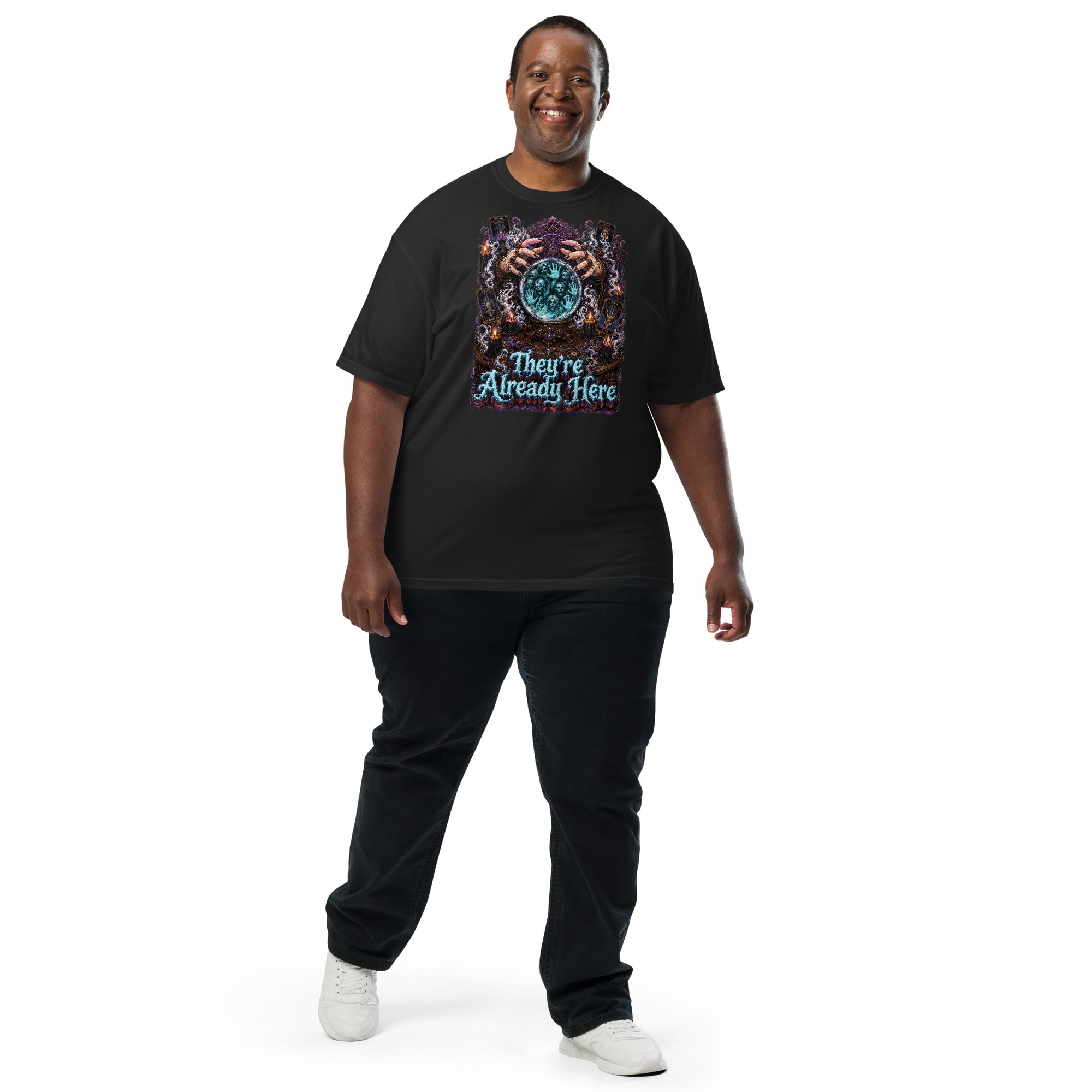 Horror and Mystery Lovers Unisex Garment-Dyed Heavyweight T-Shirt — "They're Already Here" Fortune Teller Crystal Ball and Tarot Design by printfluence.net