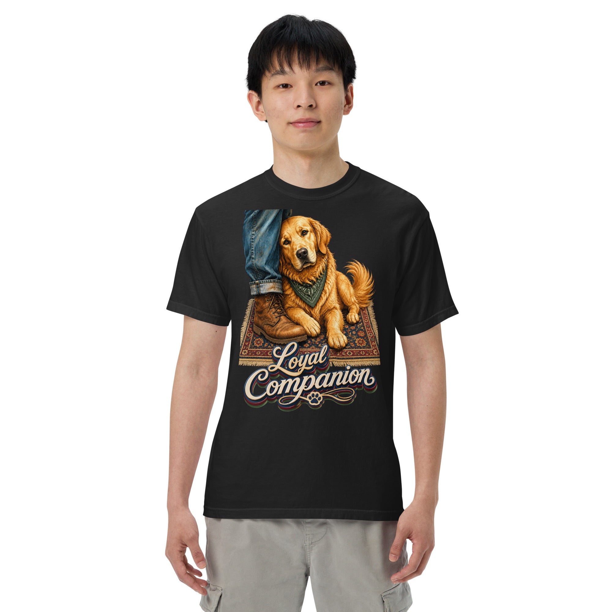 Golden Retriever Lovers Unisex Garment-Dyed Heavyweight T-Shirt — "Loyal Companion" Faithful Dog Resting on Rug Design by printfluence.net