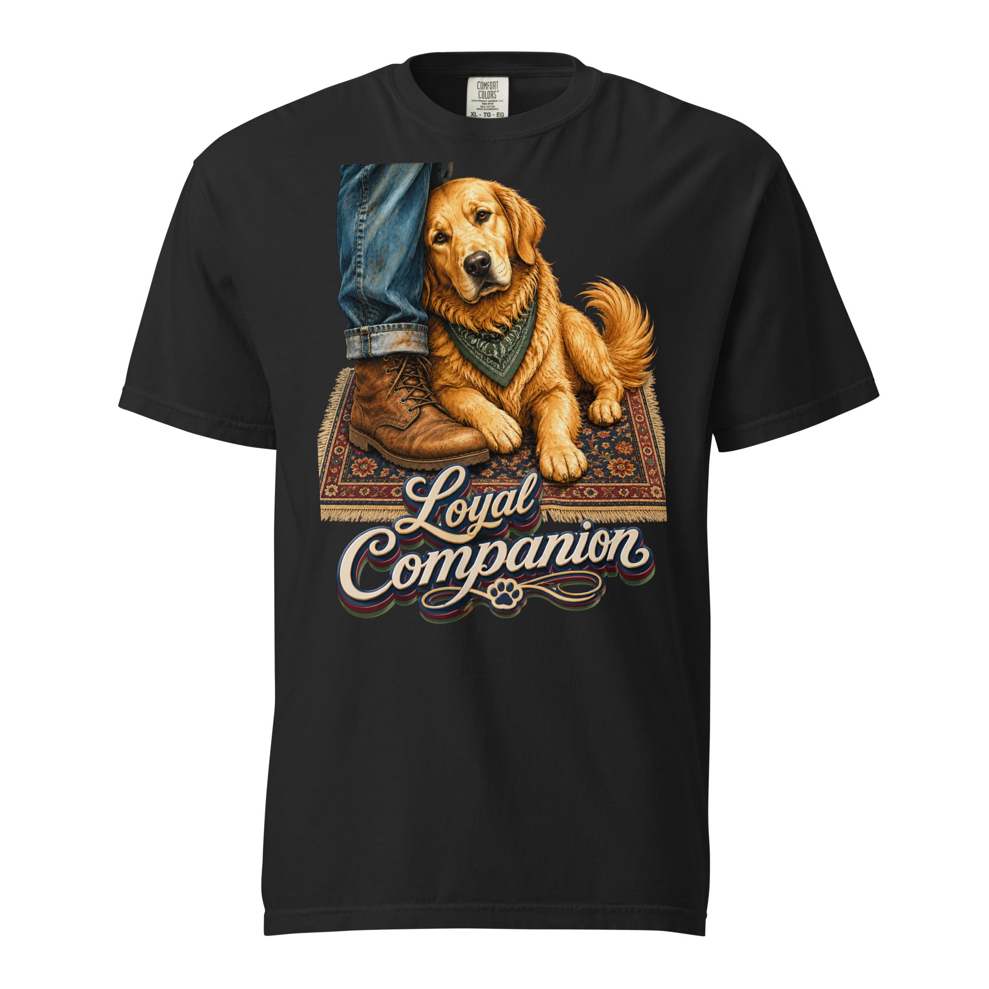 Golden Retriever Lovers Unisex Garment-Dyed Heavyweight T-Shirt — "Loyal Companion" Faithful Dog Resting on Rug Design by printfluence.net