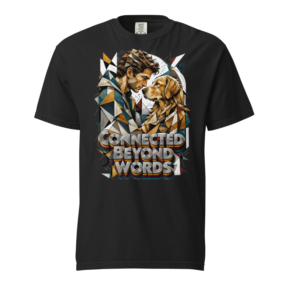 Golden Retriever Lovers Unisex Garment-Dyed Heavyweight T-Shirt — "Connected Beyond Words" Low-Poly Geometric Man and Dog Design by printfluence.net
