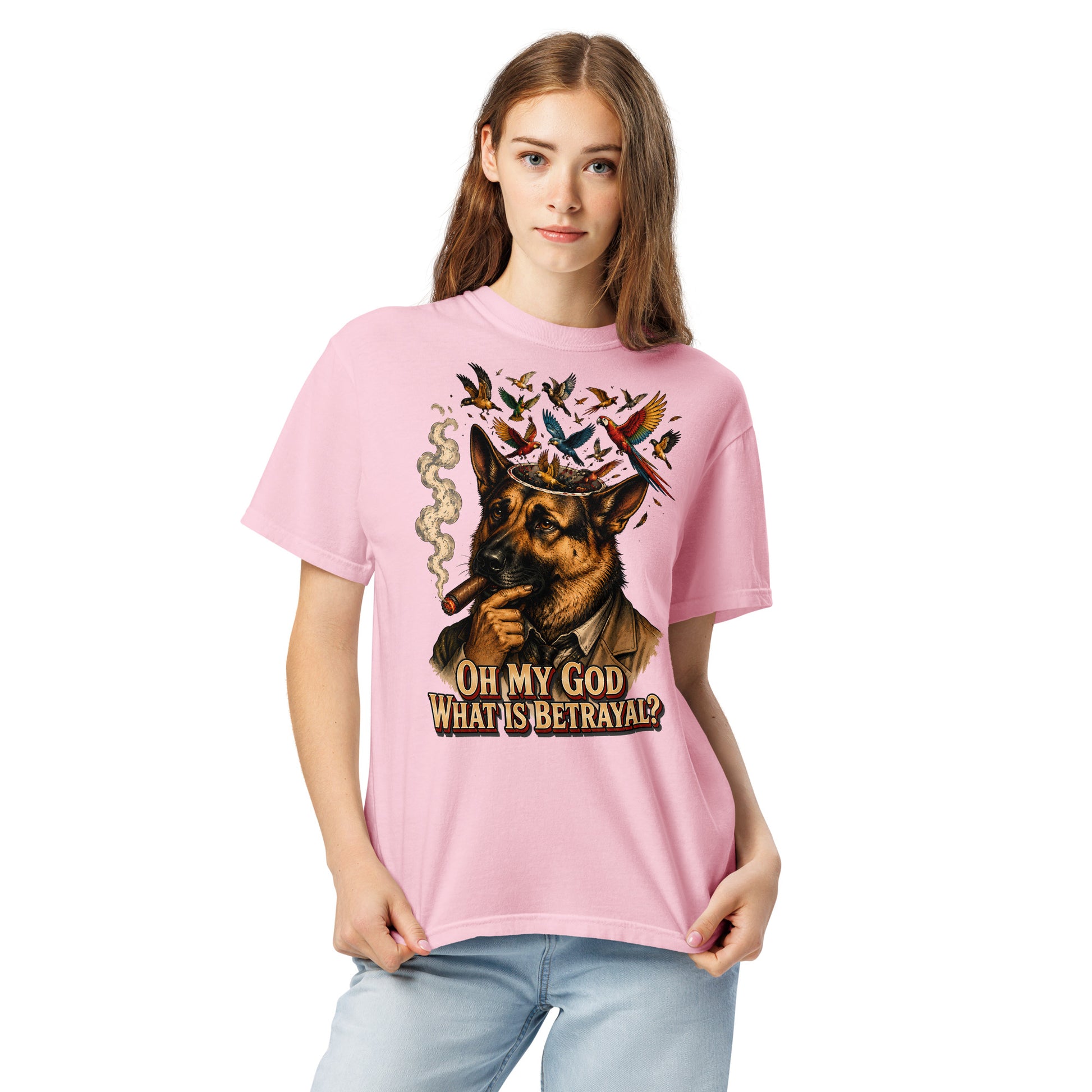 German Shepherd Lovers Unisex Garment-Dyed Heavyweight T-Shirt | "What Is Betrayal?" Philosophical Graphic Tee by printfluence.net