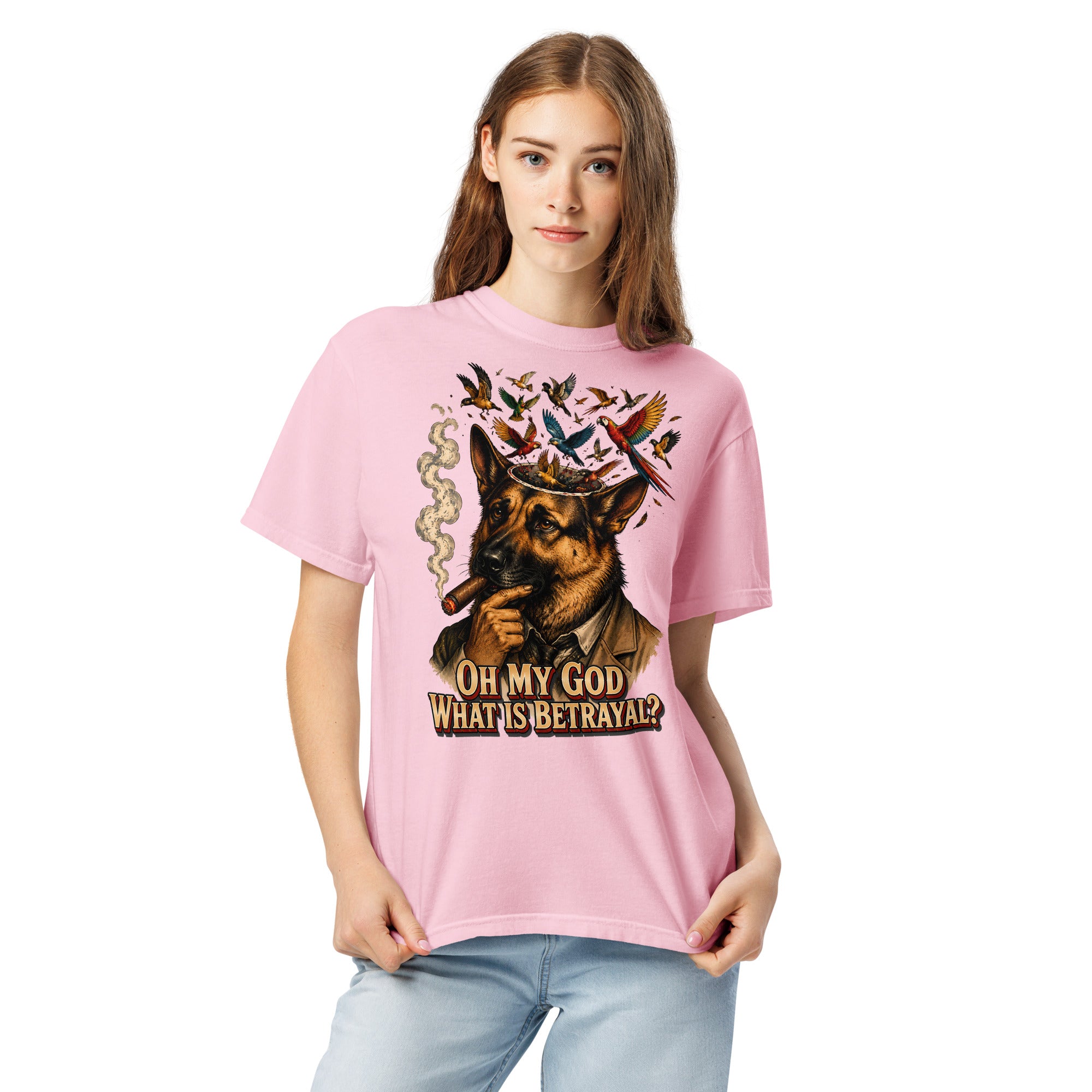 German Shepherd Lovers Unisex Garment-Dyed Heavyweight T-Shirt | "What Is Betrayal?" Philosophical Graphic Tee by printfluence.net