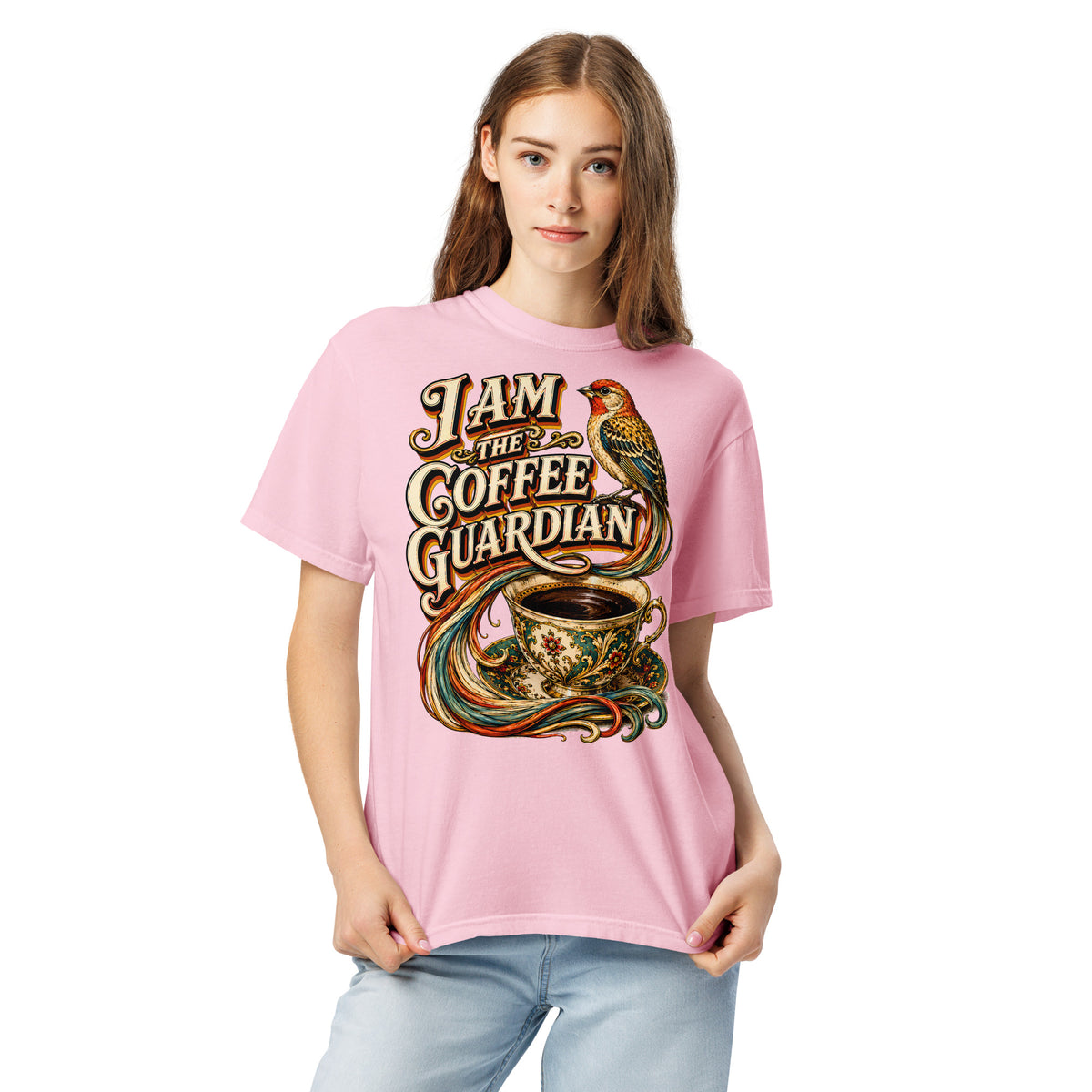 Coffee Lovers Unisex Heavyweight T-shirt The Coffee Guardian – Whimsical Bird & Vintage Cup Graphic Tee by printfluence.net