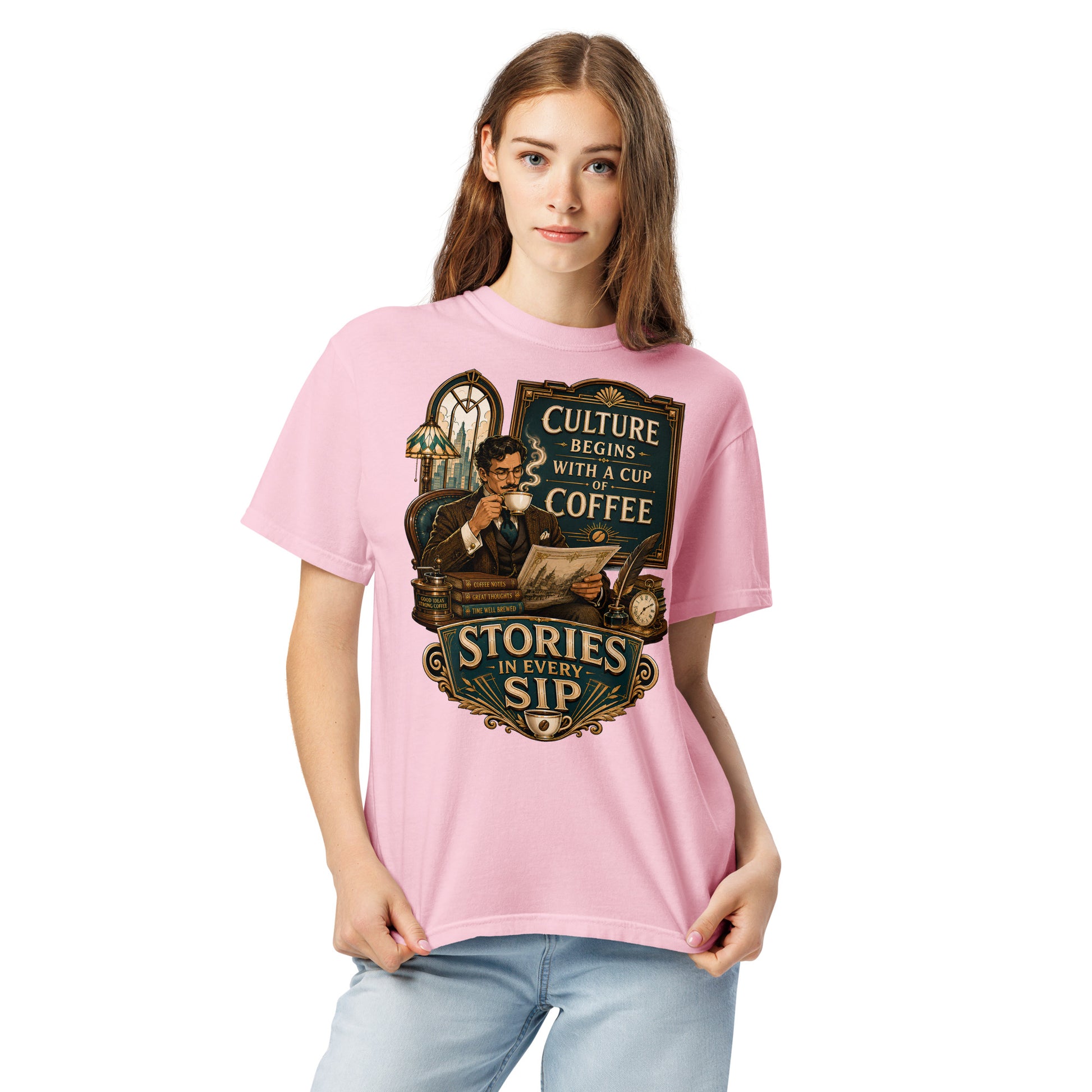 Coffee Lovers Unisex Heavyweight T-shirt Stories in Every Sip – Vintage Gentleman & Intellectual Coffee Graphic Tee by printfluence.net