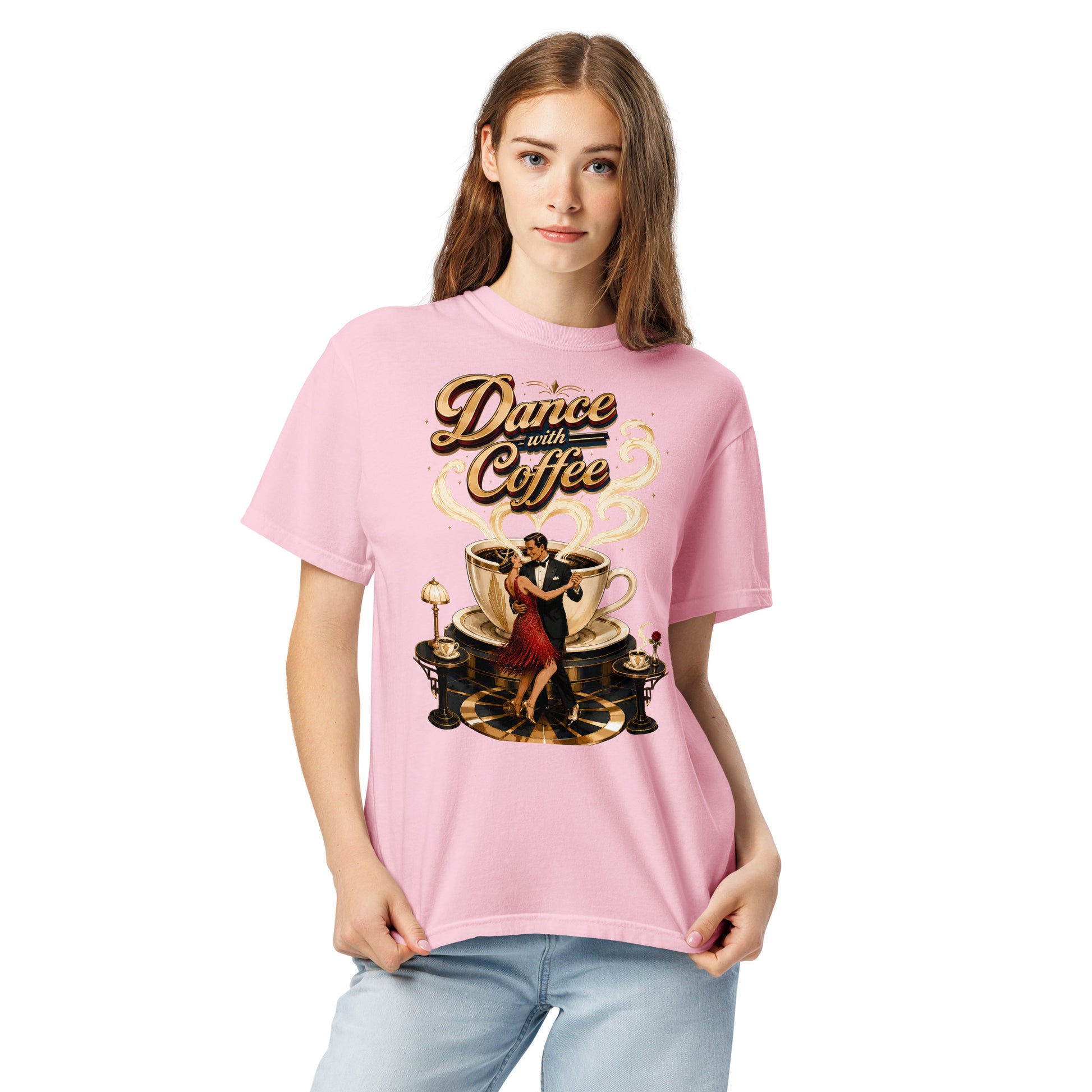 Coffee Lovers Unisex Garment-Dyed Heavyweight T-Shirt Dance with Coffee – Art Deco Dancer & Giant Cup Graphic Tee by printfluence.net