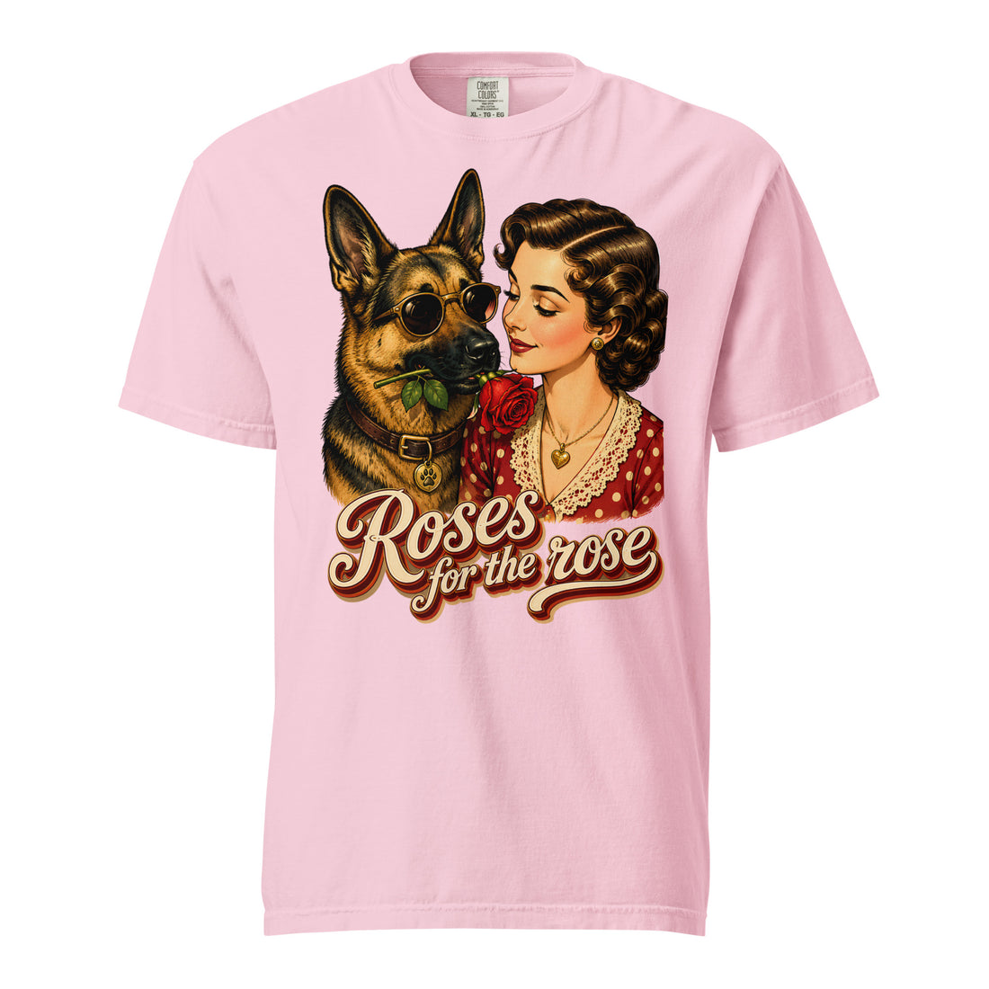 Roses For The Rose Graphic Heavyweight T-Shirt | Vintage German Shepherd Lovers Unisex Tee T-1 by printfluence.net