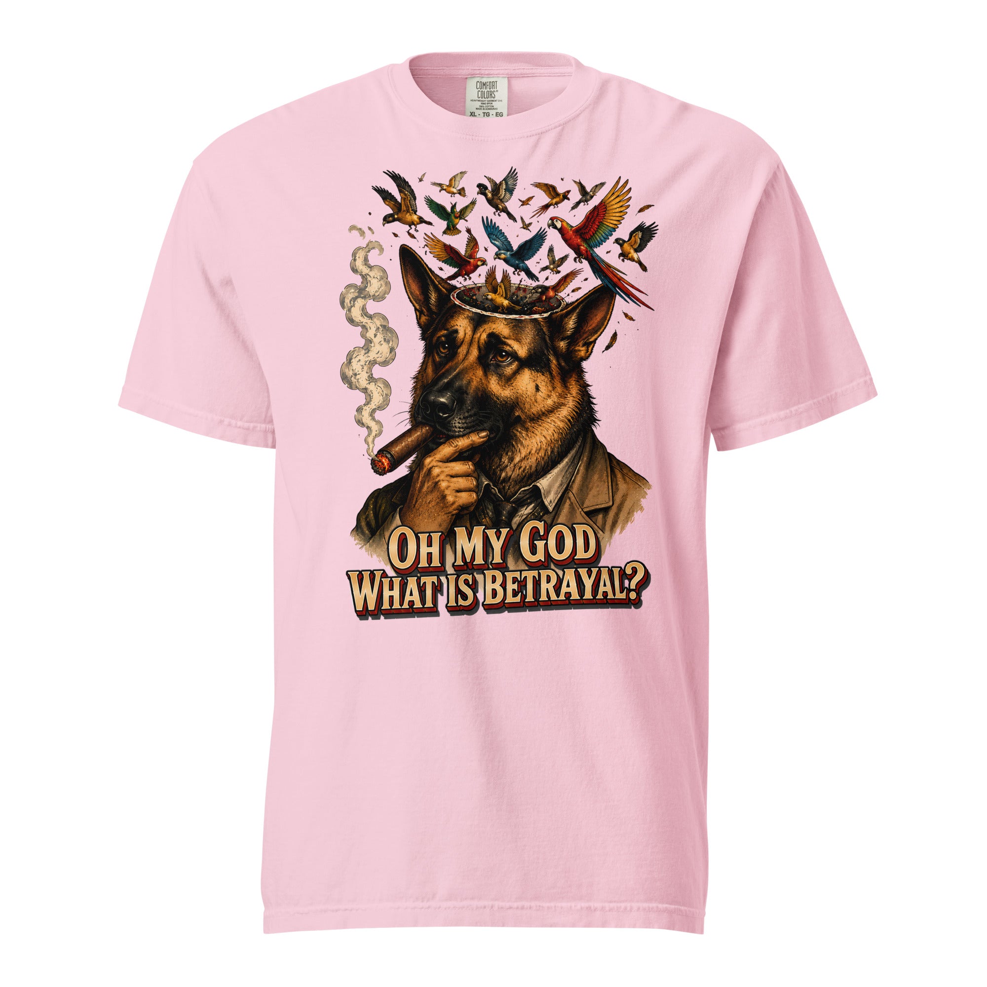 German Shepherd Lovers Unisex Garment-Dyed Heavyweight T-Shirt | "What Is Betrayal?" Philosophical Graphic Tee by printfluence.net