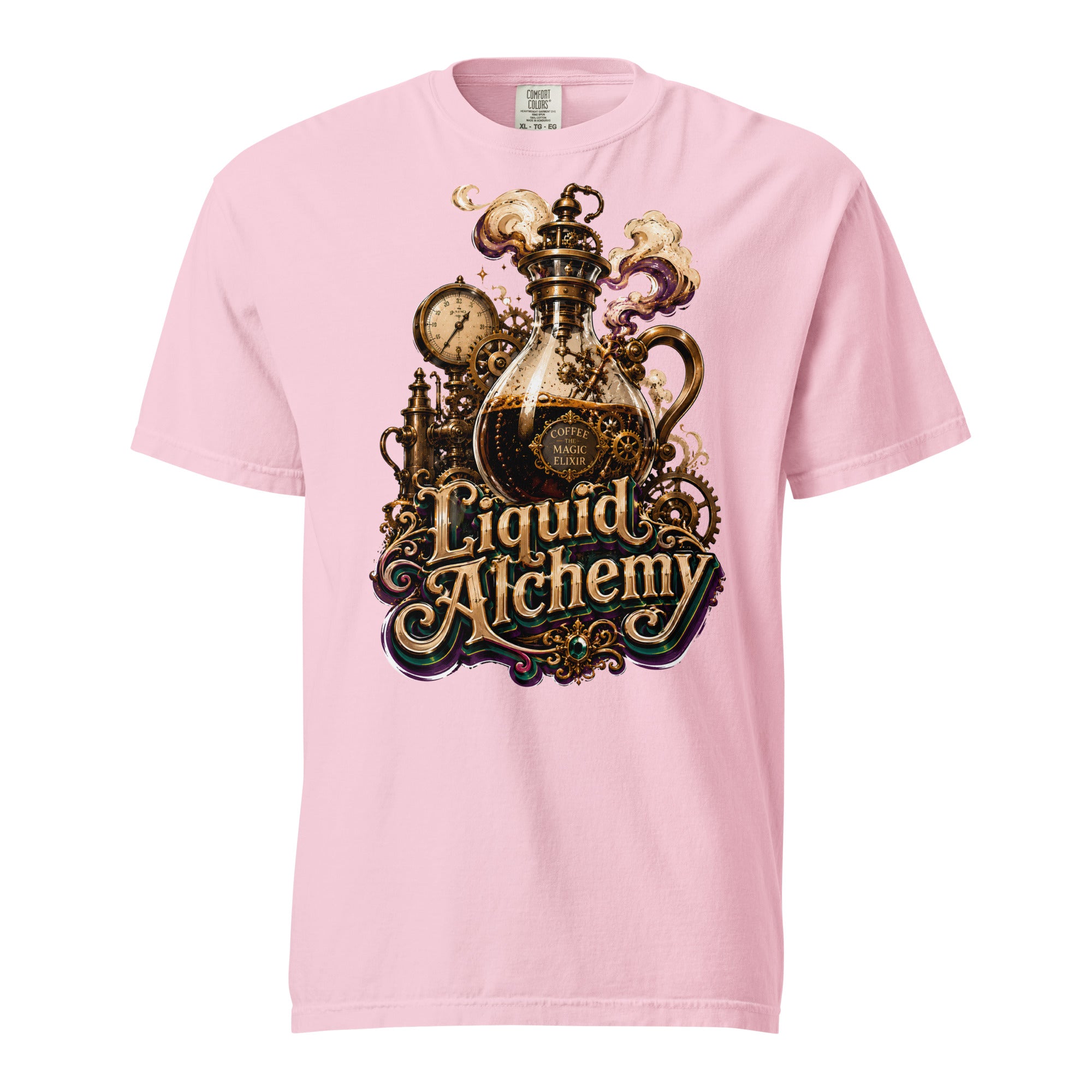 Coffee Lovers Unisex Garment-Dyed Heavyweight T-shirt Liquid Alchemy – Steampunk Coffee Magic Elixir Graphic Tee by printfluence.net