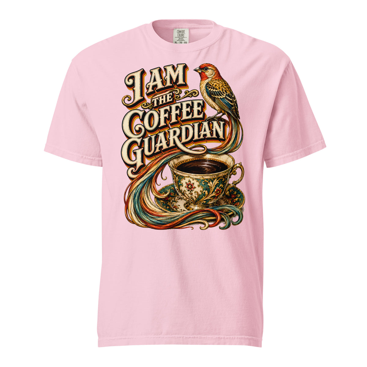 Coffee Lovers Unisex Heavyweight T-shirt The Coffee Guardian – Whimsical Bird & Vintage Cup Graphic Tee by printfluence.net