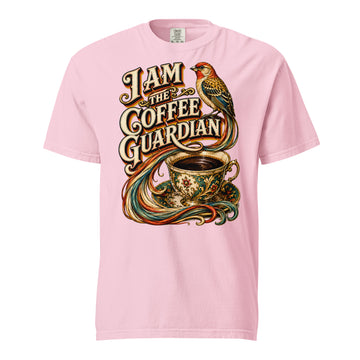 Coffee Lovers Unisex Heavyweight T-shirt The Coffee Guardian – Whimsical Bird & Vintage Cup Graphic Tee by printfluence.net