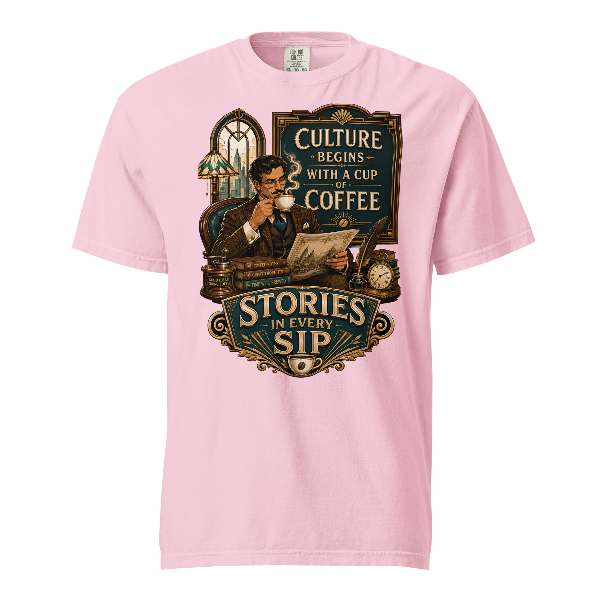 Coffee Lovers Unisex Heavyweight T-shirt Stories in Every Sip – Vintage Gentleman & Intellectual Coffee Graphic Tee by printfluence.net
