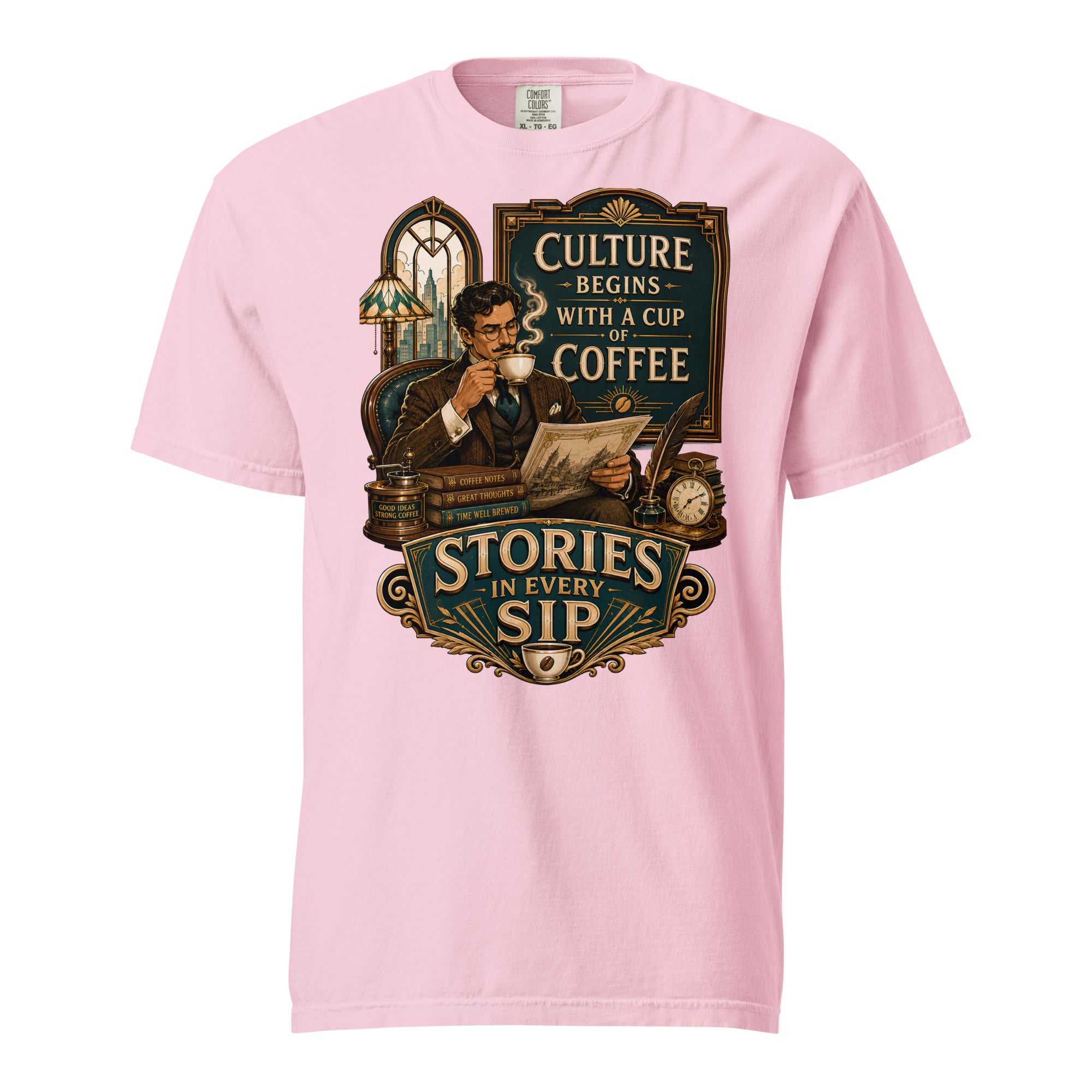 Coffee Lovers Unisex Heavyweight T-shirt Stories in Every Sip – Vintage Gentleman & Intellectual Coffee Graphic Tee by printfluence.net