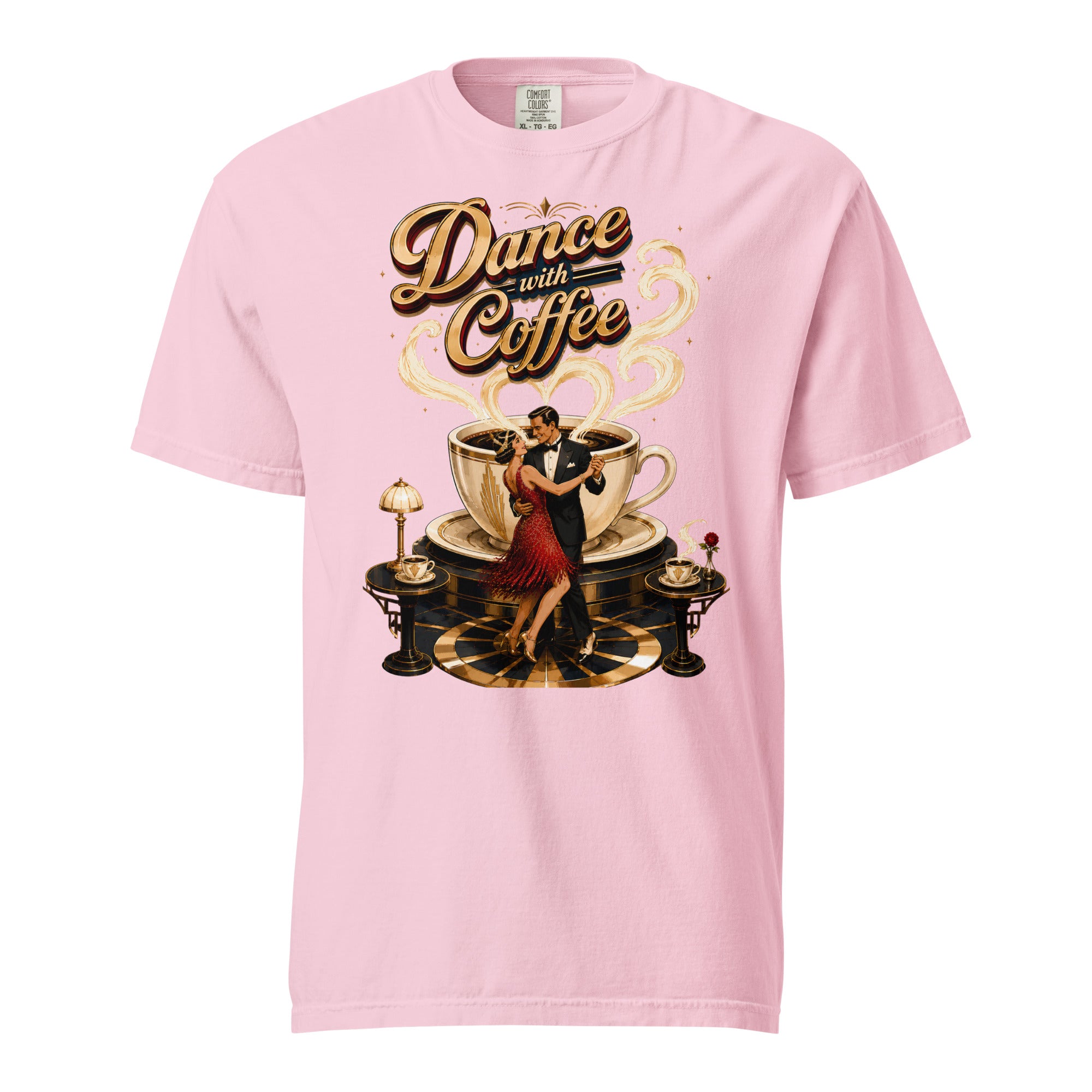 Coffee Lovers Unisex Garment-Dyed Heavyweight T-Shirt Dance with Coffee – Art Deco Dancer & Giant Cup Graphic Tee by printfluence.net