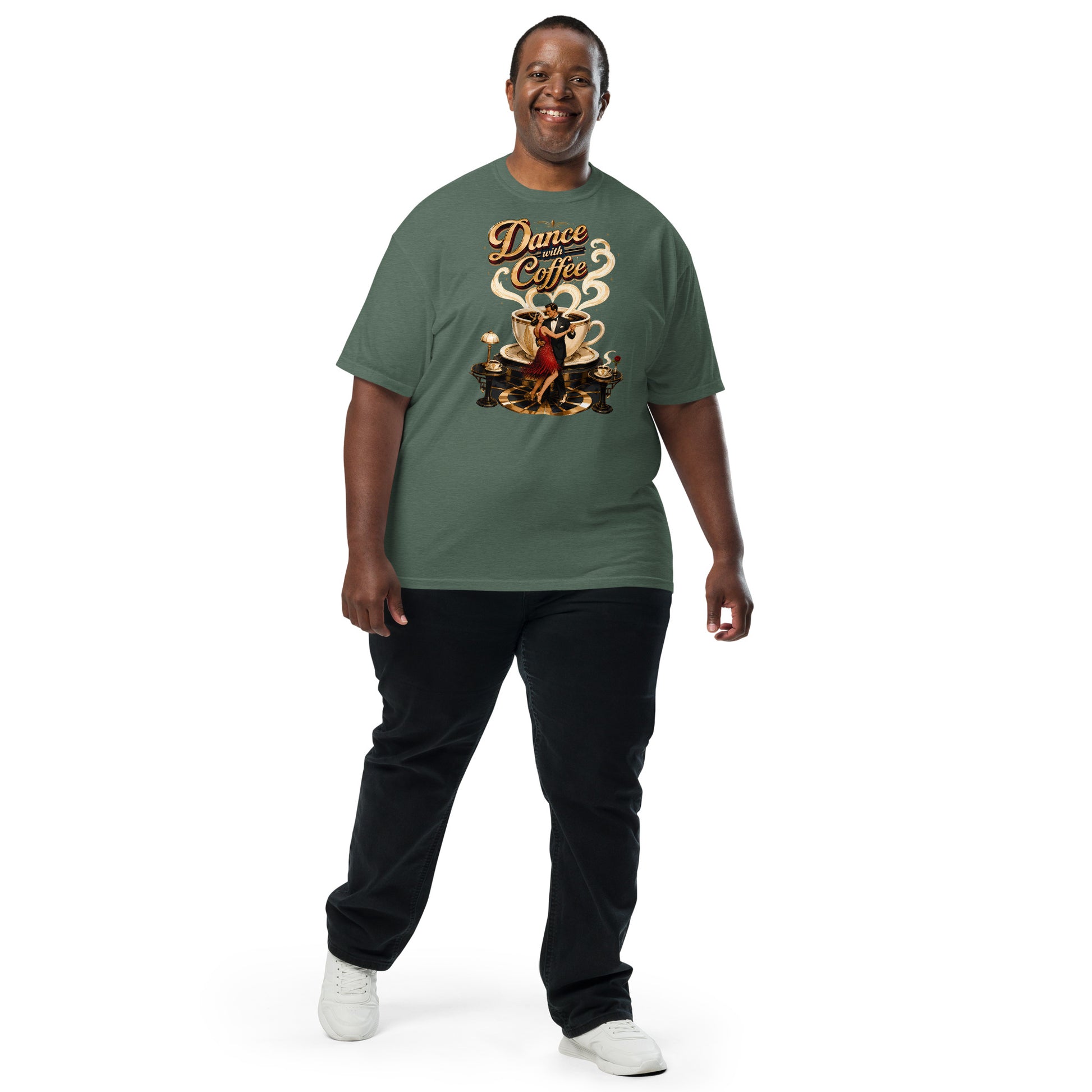 Coffee Lovers Unisex Garment-Dyed Heavyweight T-Shirt Dance with Coffee – Art Deco Dancer & Giant Cup Graphic Tee by printfluence.net