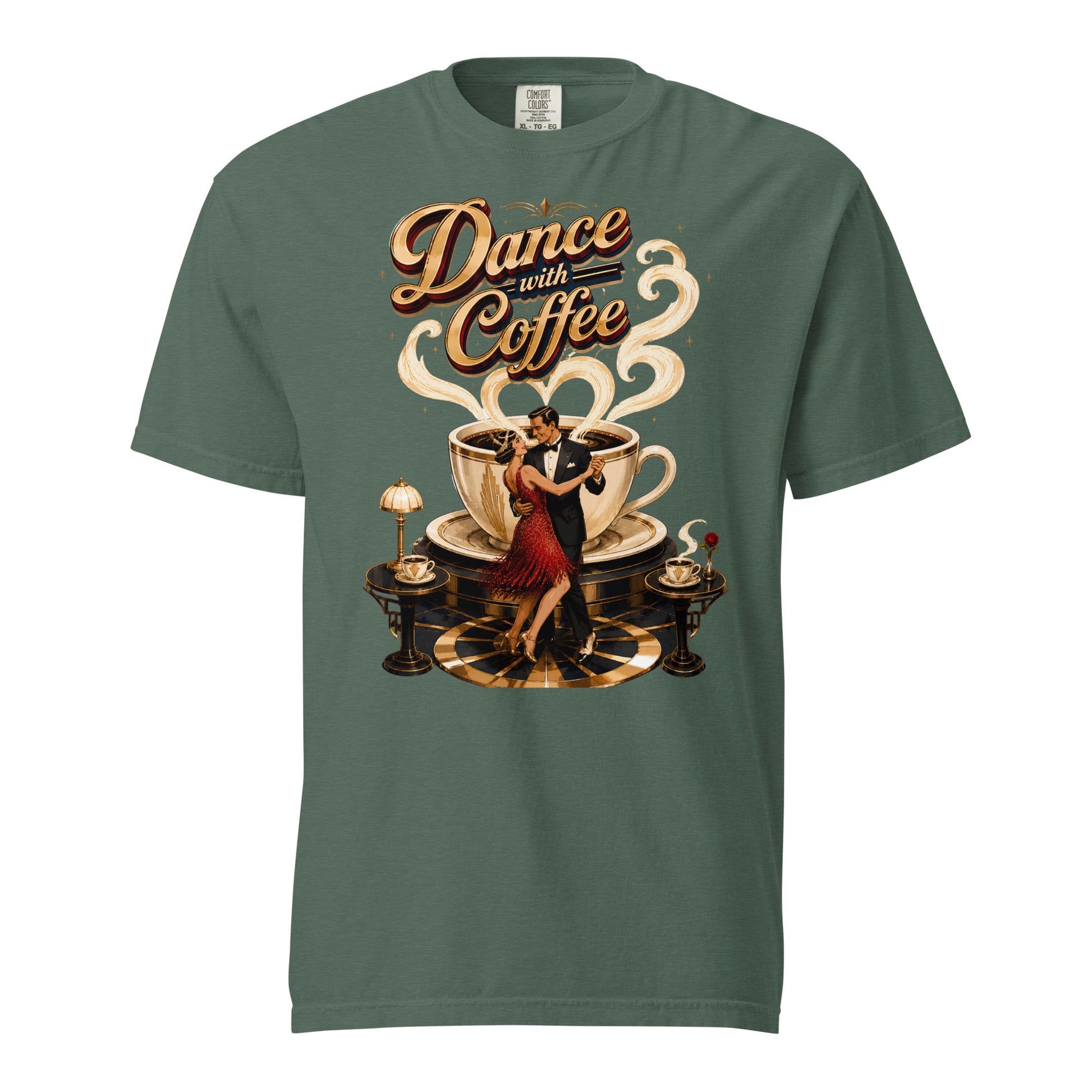 Coffee Lovers Unisex Garment-Dyed Heavyweight T-Shirt Dance with Coffee – Art Deco Dancer & Giant Cup Graphic Tee by printfluence.net