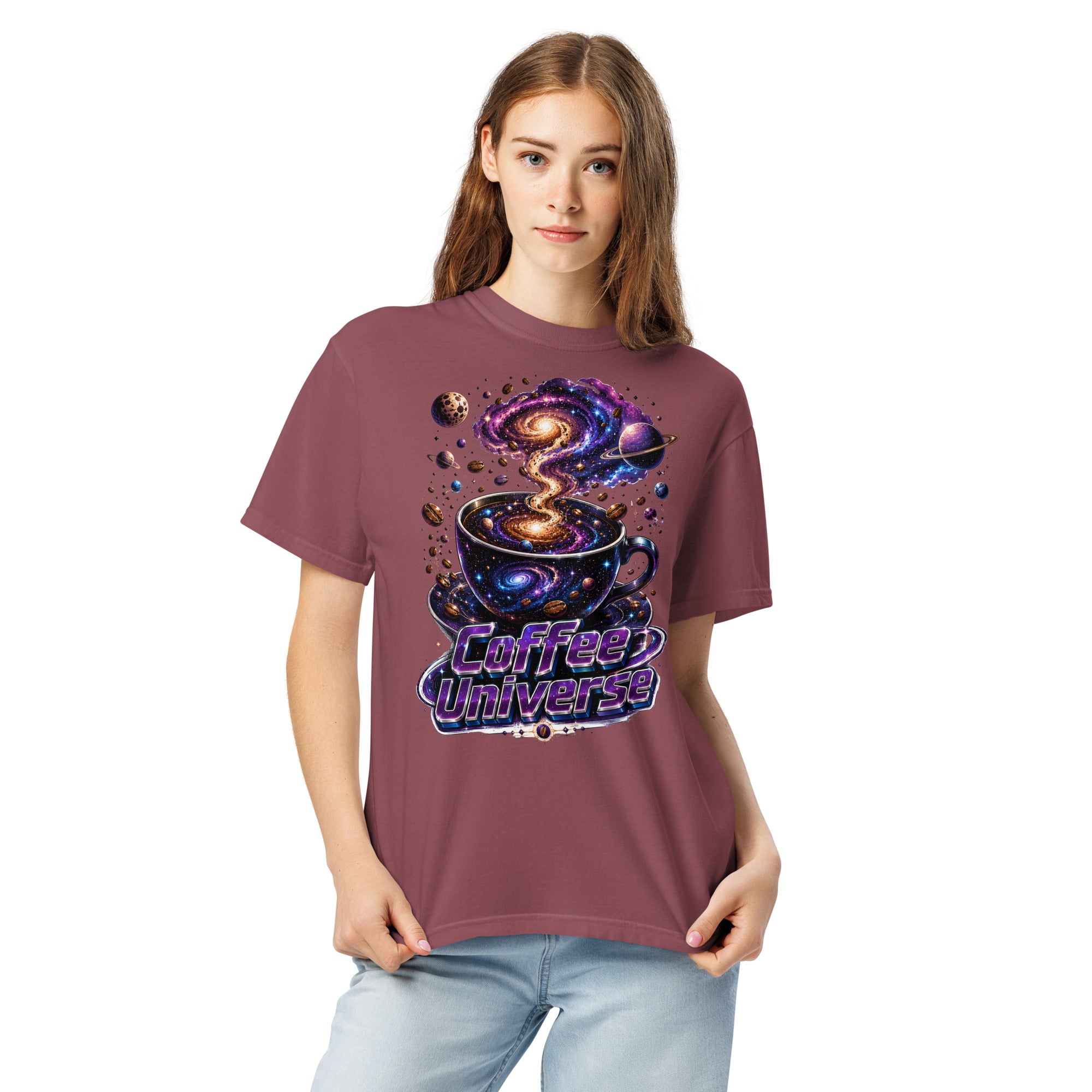 Coffee Lovers Unisex Garment-Dyed Heavyweight T-Shirt Coffee Universe – Cosmic Galaxy & Coffee Bean Graphic Tee by printfluence.net