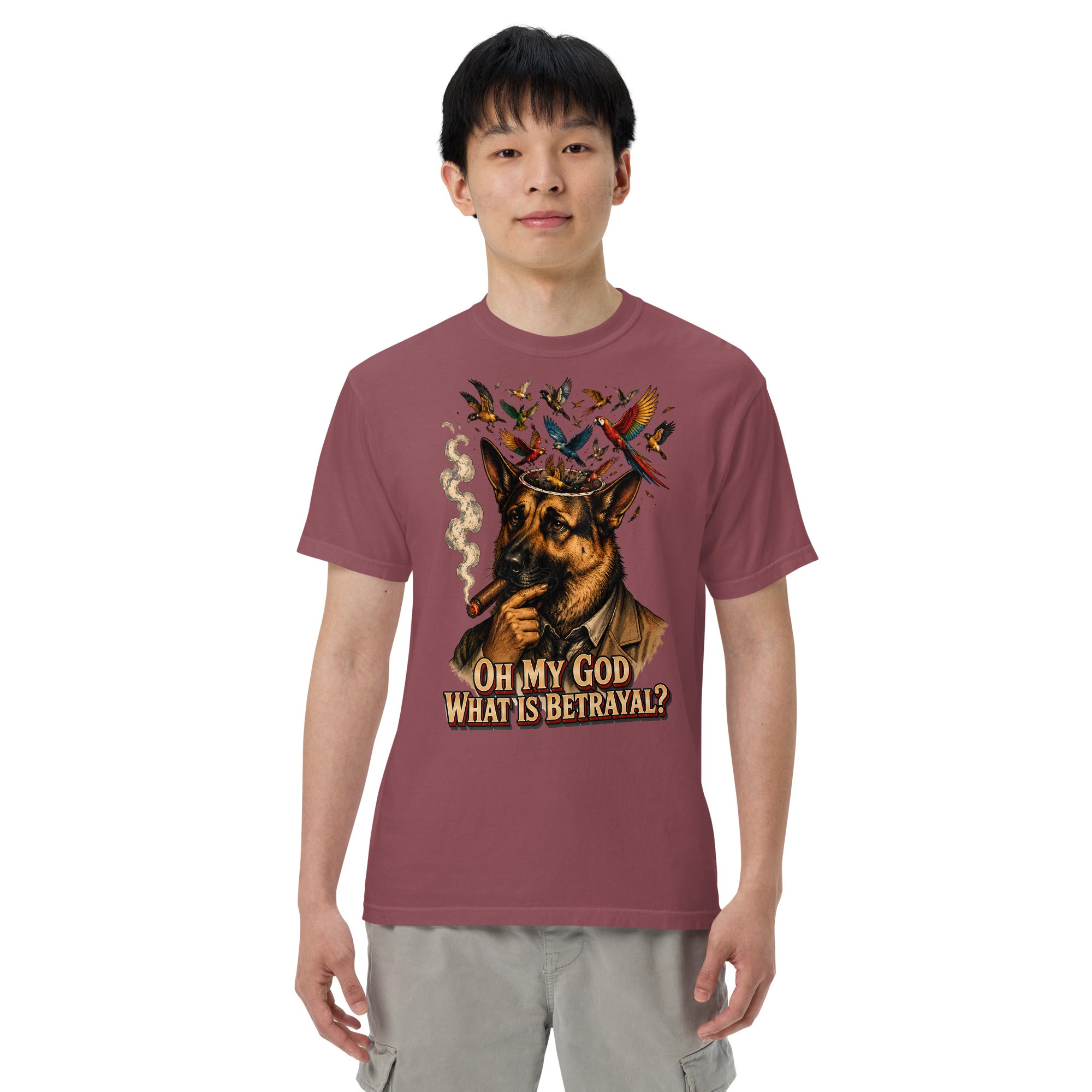 German Shepherd Lovers Unisex Garment-Dyed Heavyweight T-Shirt | "What Is Betrayal?" Philosophical Graphic Tee by printfluence.net