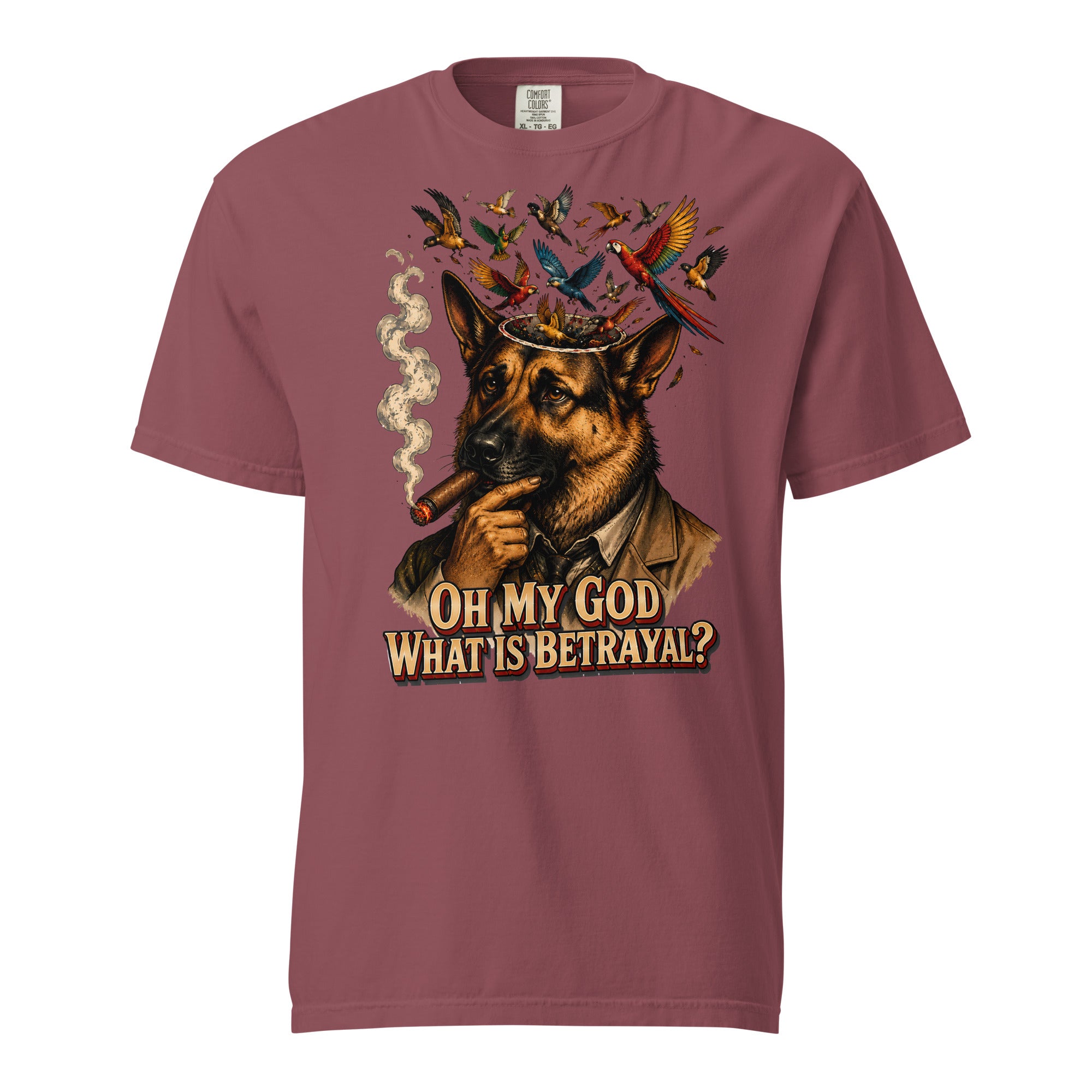 German Shepherd Lovers Unisex Garment-Dyed Heavyweight T-Shirt | "What Is Betrayal?" Philosophical Graphic Tee by printfluence.net