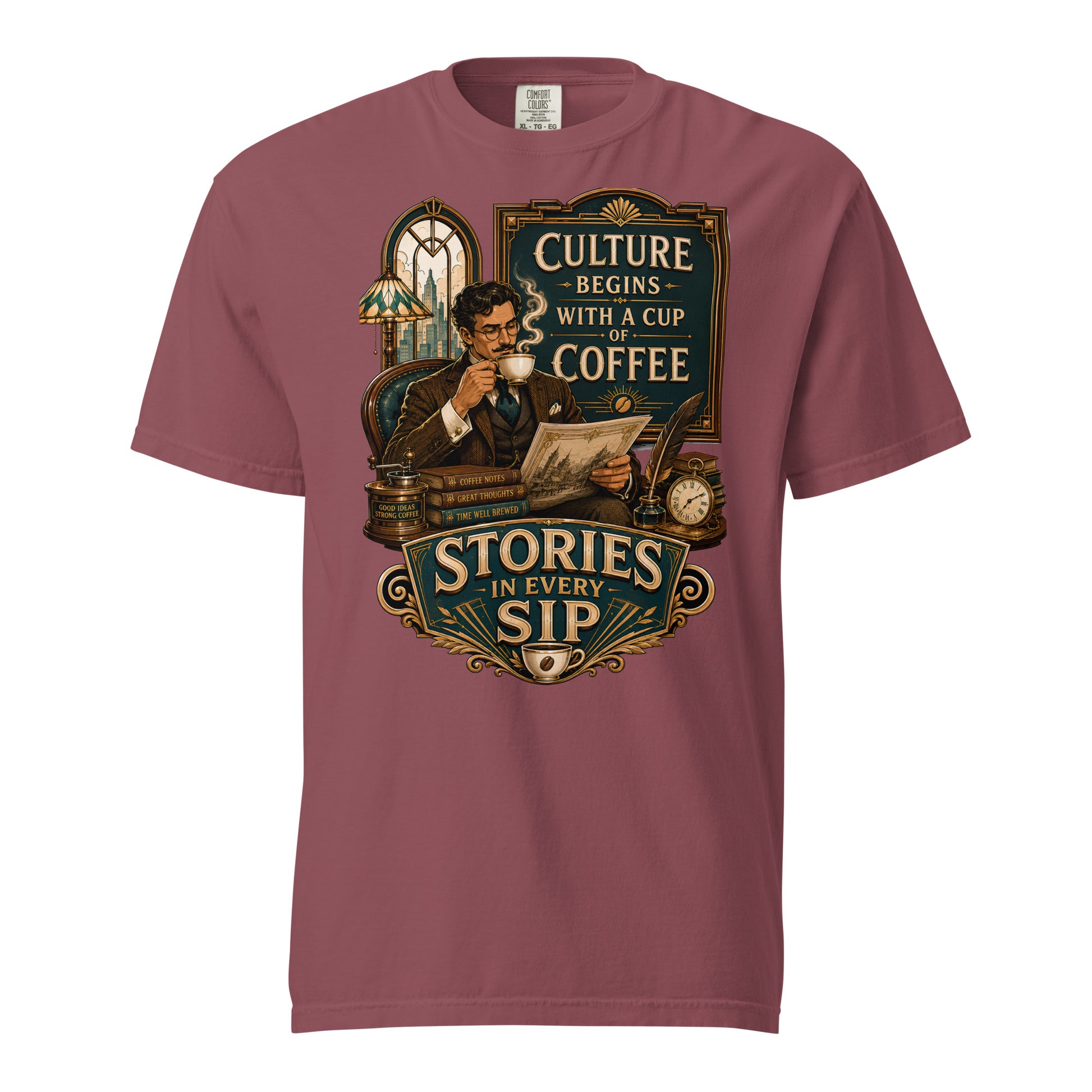 Coffee Lovers Unisex Heavyweight T-shirt Stories in Every Sip – Vintage Gentleman & Intellectual Coffee Graphic Tee by printfluence.net