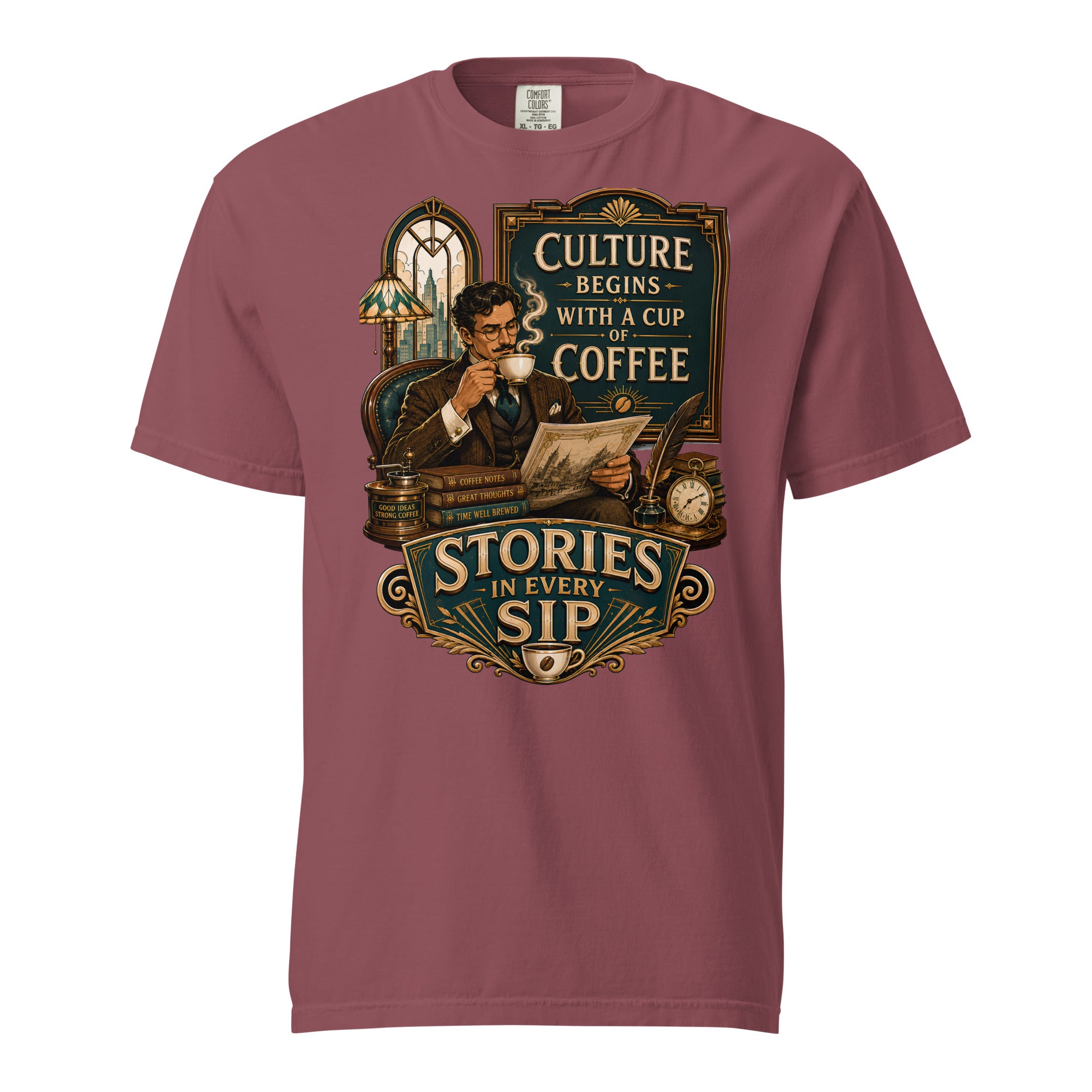 Coffee Lovers Unisex Heavyweight T-shirt Stories in Every Sip – Vintage Gentleman & Intellectual Coffee Graphic Tee by printfluence.net
