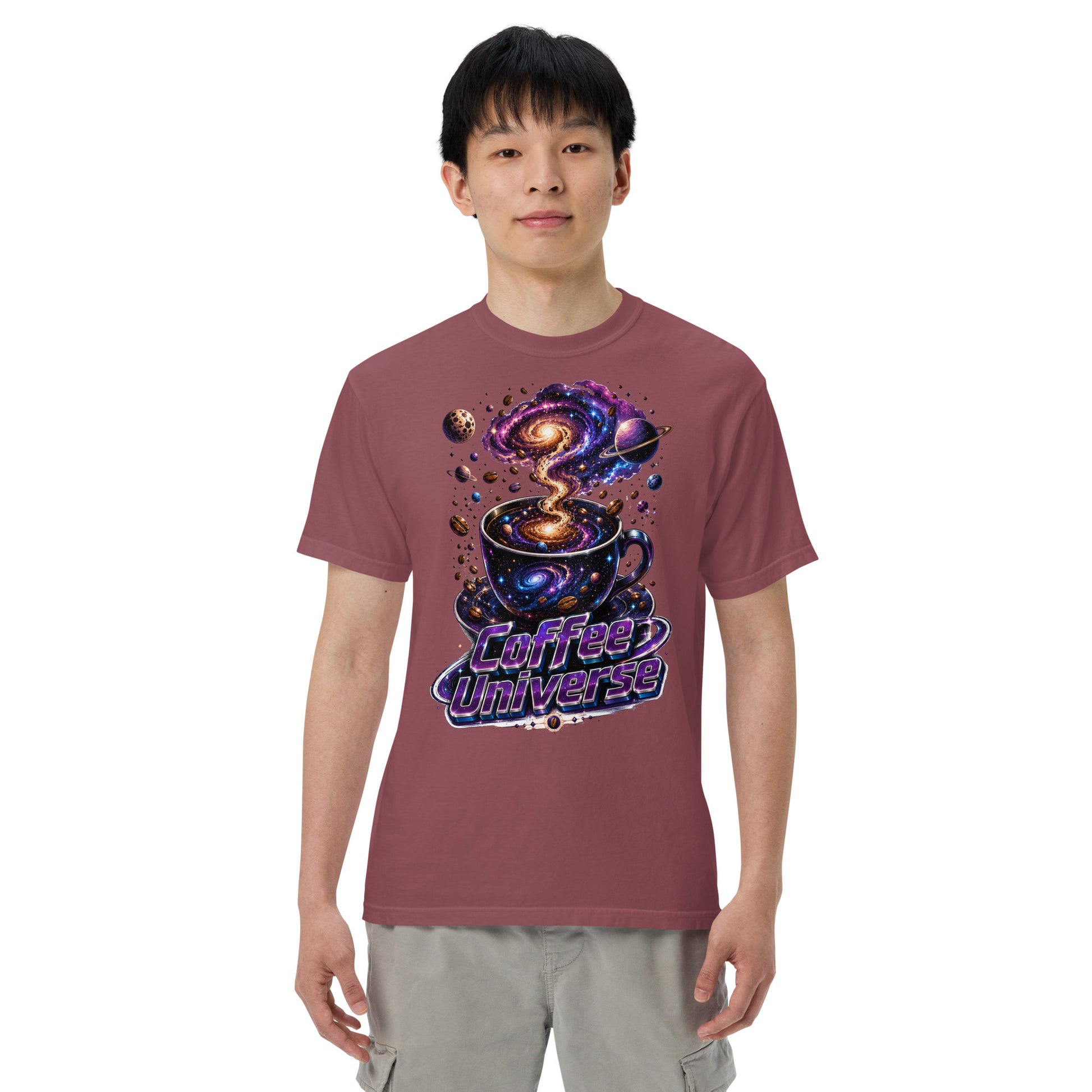 Coffee Lovers Unisex Garment-Dyed Heavyweight T-Shirt Coffee Universe – Cosmic Galaxy & Coffee Bean Graphic Tee by printfluence.net