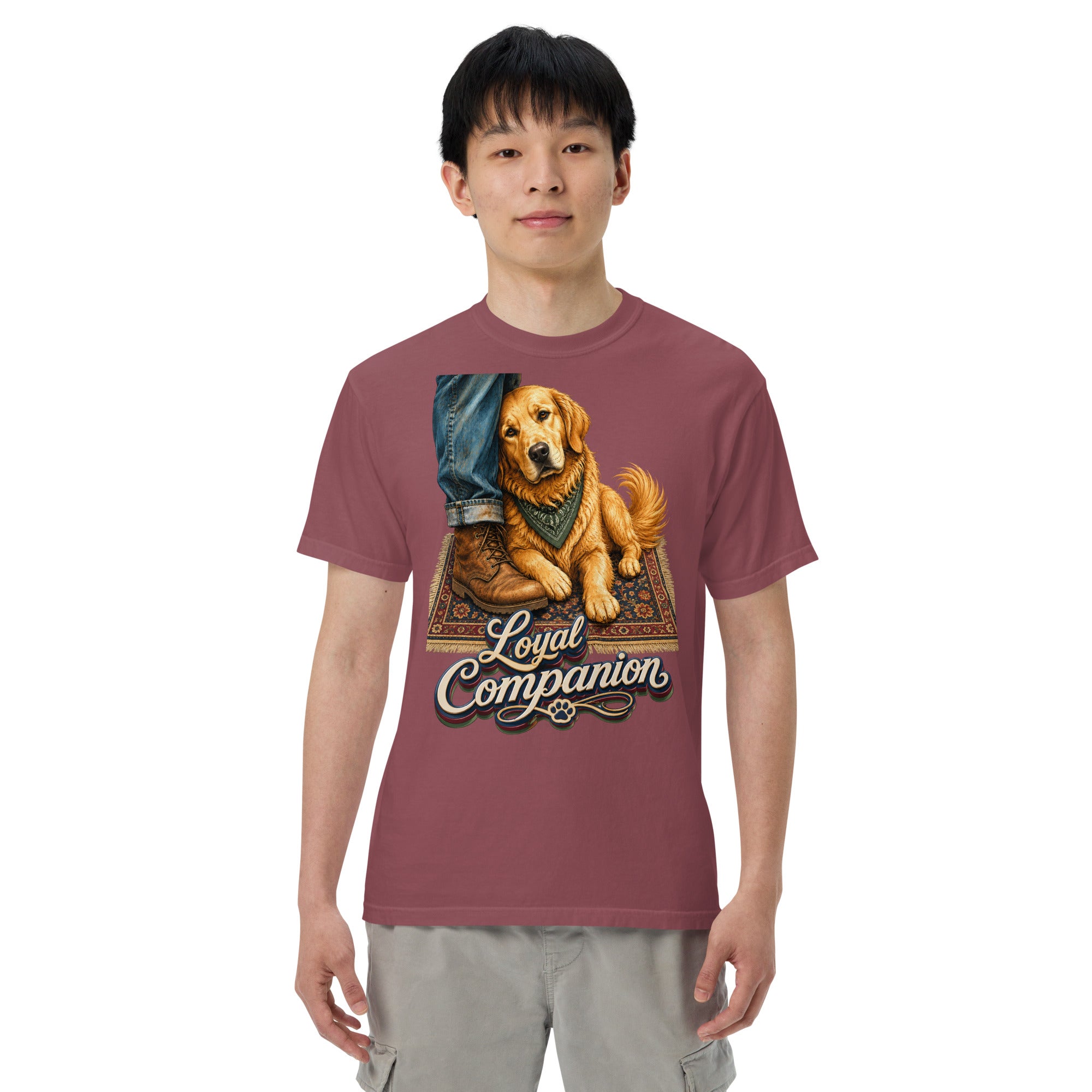 Golden Retriever Lovers Unisex Garment-Dyed Heavyweight T-Shirt — "Loyal Companion" Faithful Dog Resting on Rug Design by printfluence.net