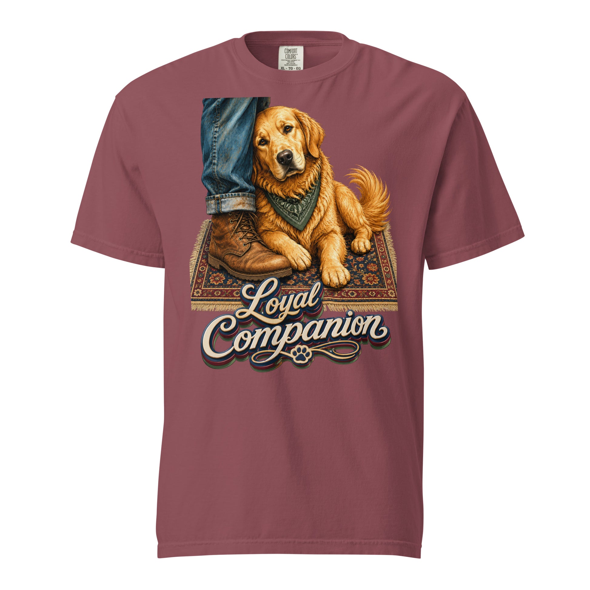 Golden Retriever Lovers Unisex Garment-Dyed Heavyweight T-Shirt — "Loyal Companion" Faithful Dog Resting on Rug Design by printfluence.net