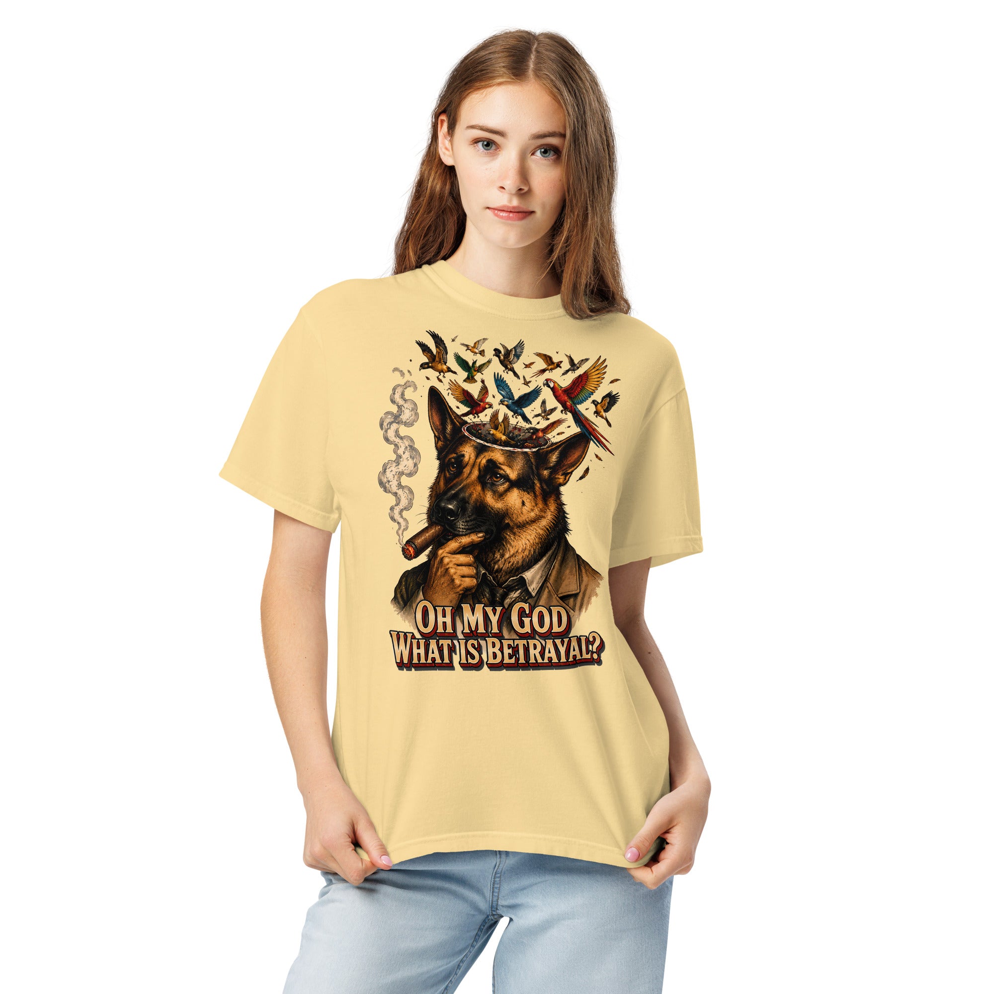 German Shepherd Lovers Unisex Garment-Dyed Heavyweight T-Shirt | "What Is Betrayal?" Philosophical Graphic Tee by printfluence.net