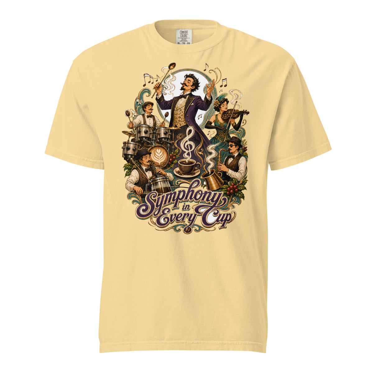 Coffee Lovers Unisex Heavyweight T-shirt Symphony in Every Cup – Musical & Orchestral Coffee Graphic Tee by printfluence.net