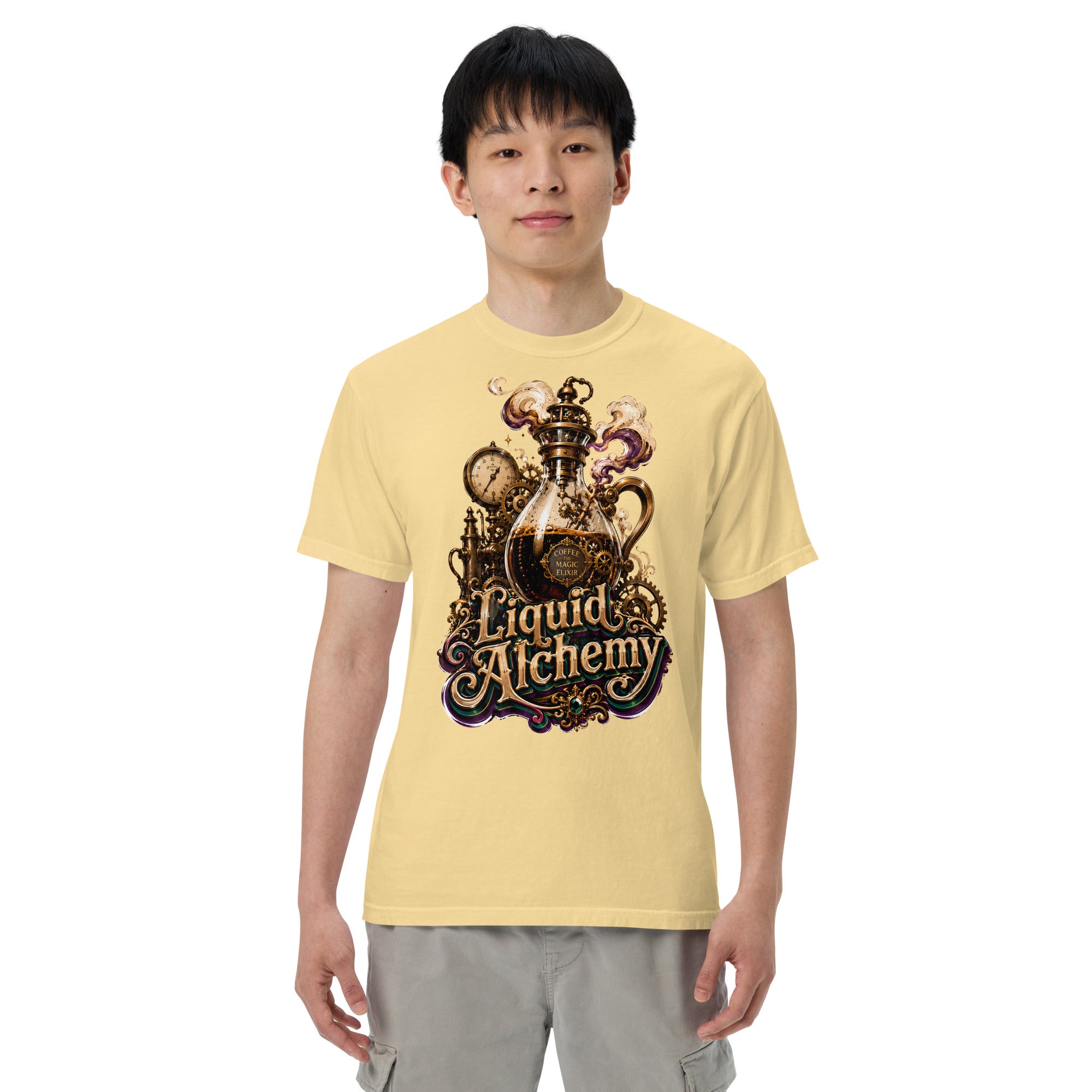 Coffee Lovers Unisex Garment-Dyed Heavyweight T-shirt Liquid Alchemy – Steampunk Coffee Magic Elixir Graphic Tee by printfluence.net