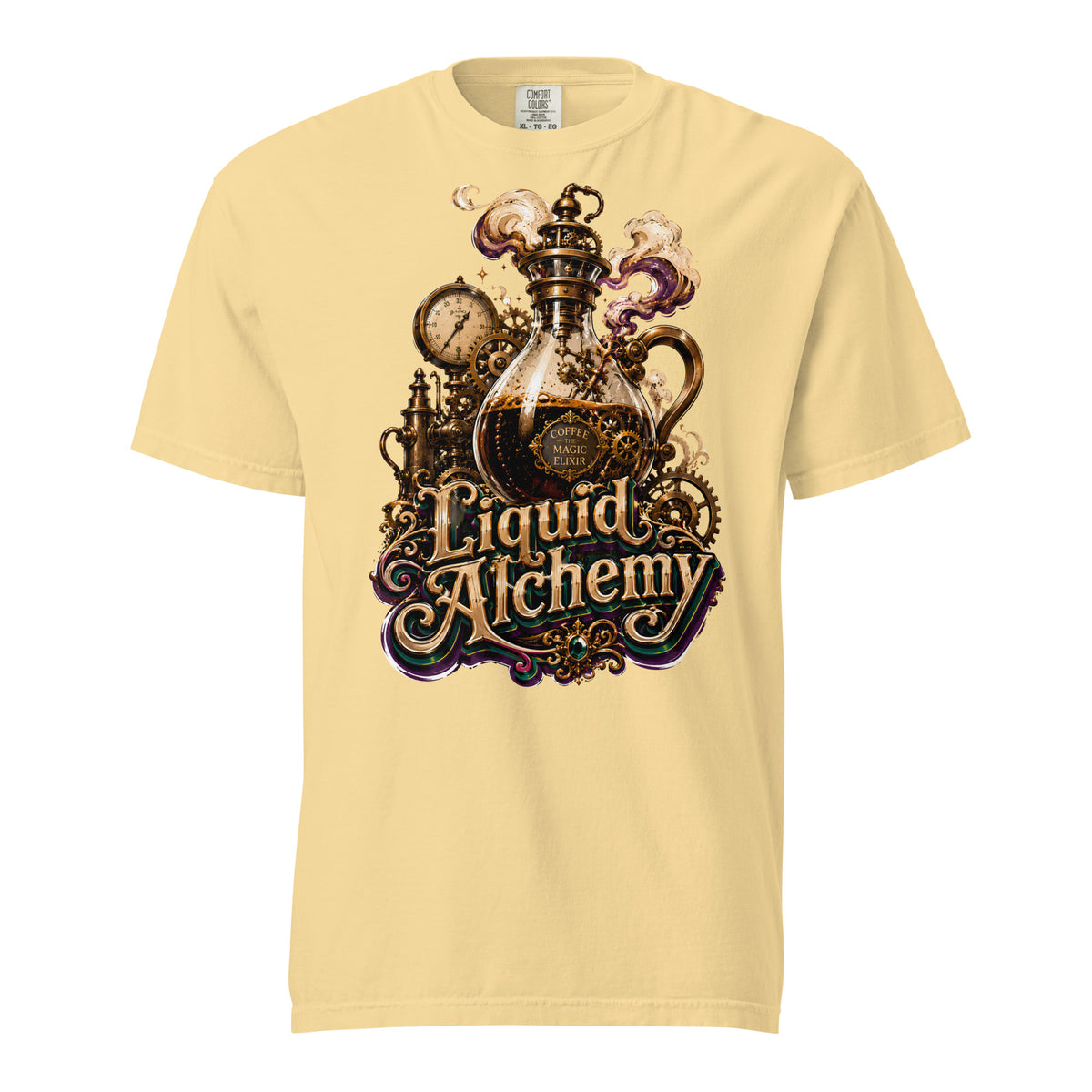 Coffee Lovers Unisex Garment-Dyed Heavyweight T-shirt Liquid Alchemy – Steampunk Coffee Magic Elixir Graphic Tee by printfluence.net