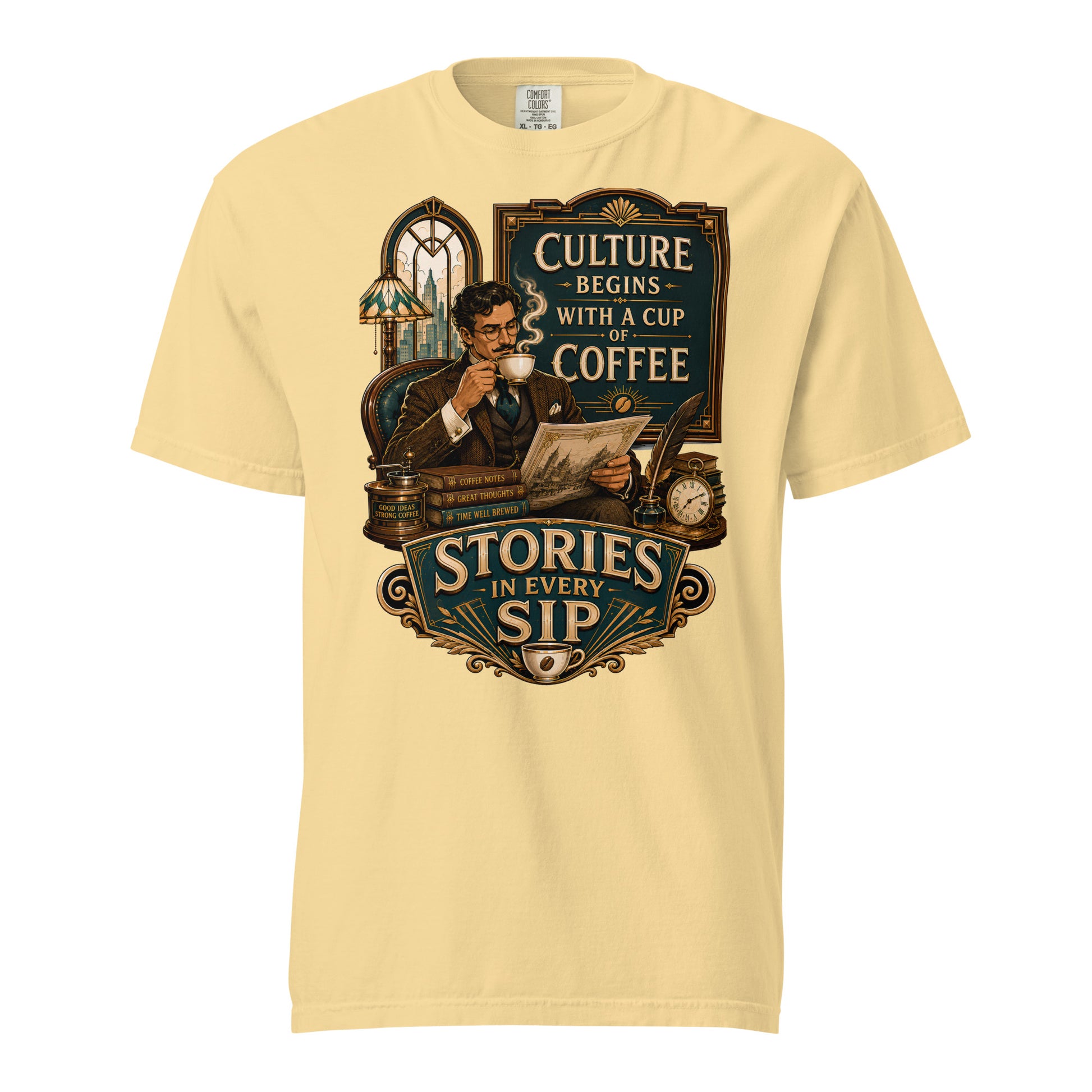 Coffee Lovers Unisex Heavyweight T-shirt Stories in Every Sip – Vintage Gentleman & Intellectual Coffee Graphic Tee by printfluence.net