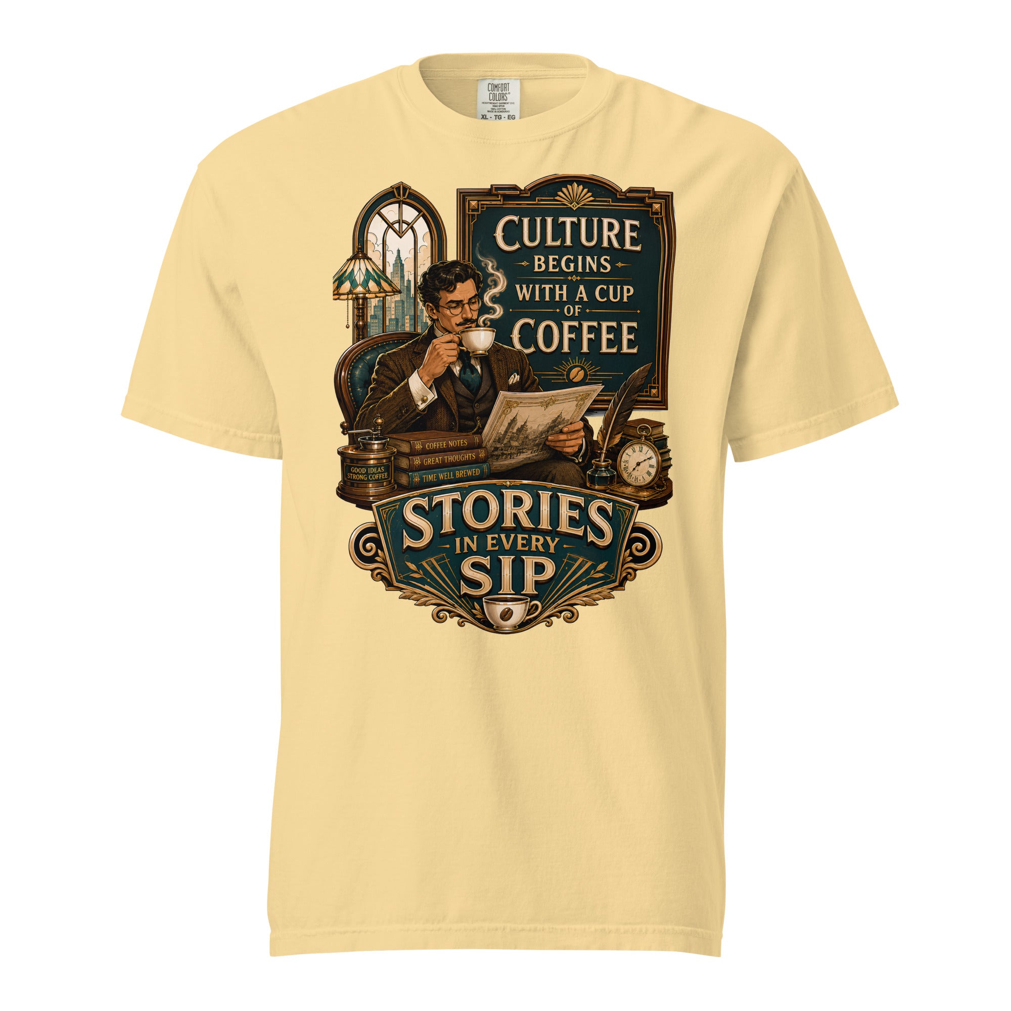 Coffee Lovers Unisex Heavyweight T-shirt Stories in Every Sip – Vintage Gentleman & Intellectual Coffee Graphic Tee by printfluence.net