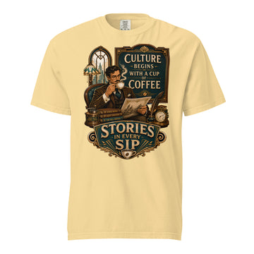 Coffee Lovers Unisex Heavyweight T-shirt Stories in Every Sip – Vintage Gentleman & Intellectual Coffee Graphic Tee by printfluence.net