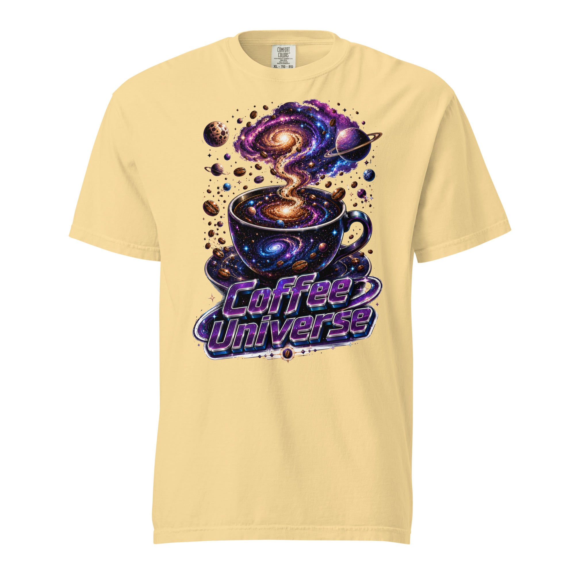 Coffee Lovers Unisex Garment-Dyed Heavyweight T-Shirt Coffee Universe – Cosmic Galaxy & Coffee Bean Graphic Tee by printfluence.net