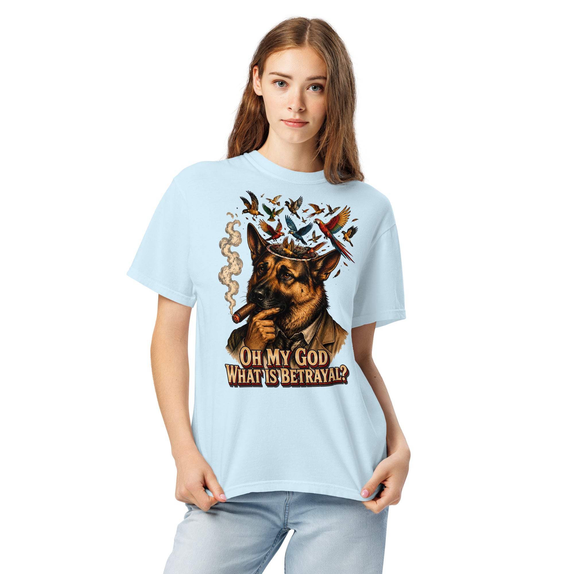 German Shepherd Lovers Unisex Garment-Dyed Heavyweight T-Shirt | "What Is Betrayal?" Philosophical Graphic Tee by printfluence.net