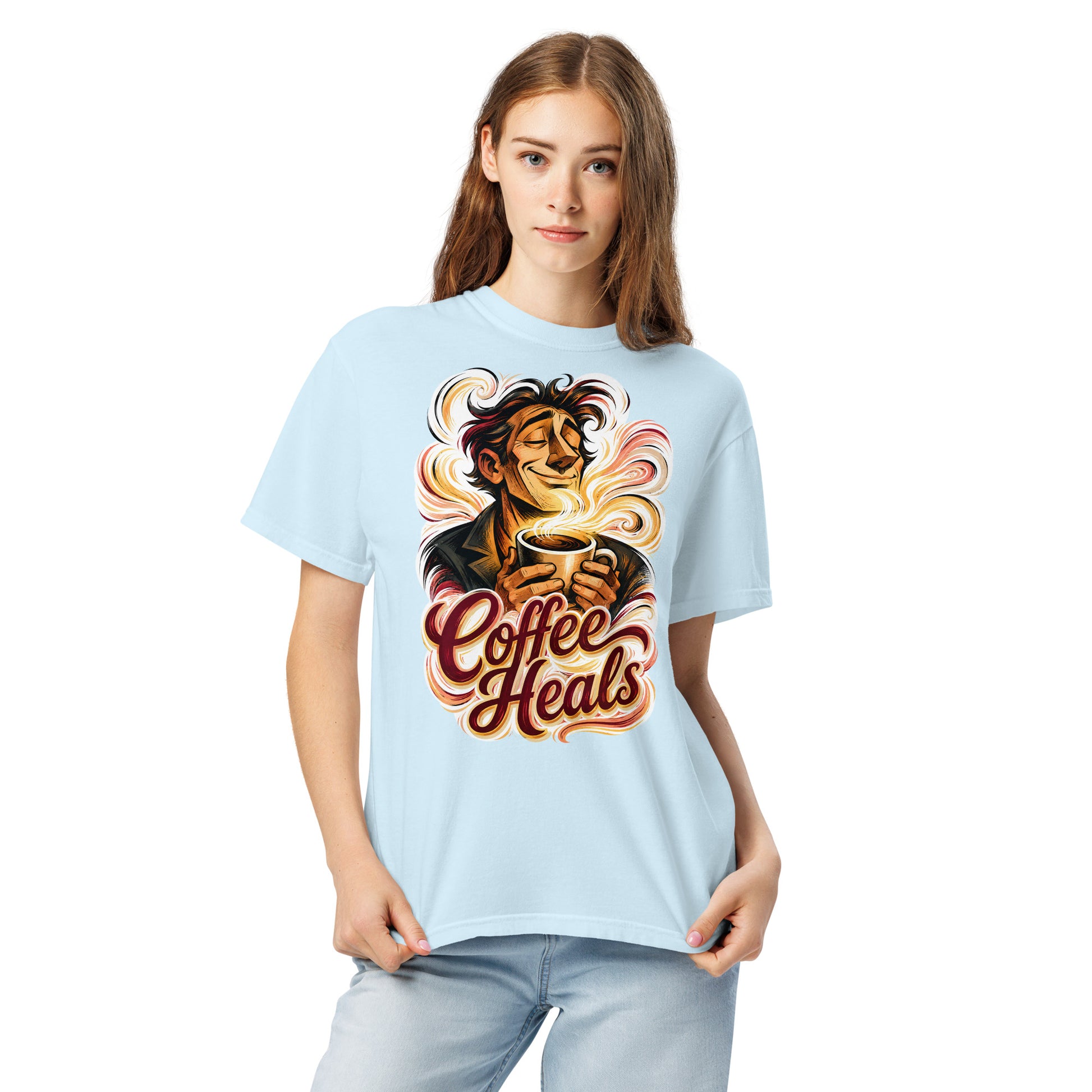 Coffee Lovers Unisex Garment-Dyed Heavyweight T-shirt Coffee Heals – Soulful Morning Motivation Graphic Tee by printfluence.net