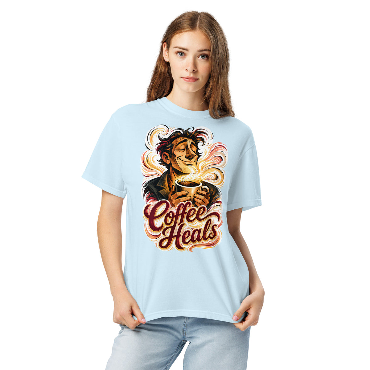 Coffee Lovers Unisex Garment-Dyed Heavyweight T-shirt Coffee Heals – Soulful Morning Motivation Graphic Tee by printfluence.net