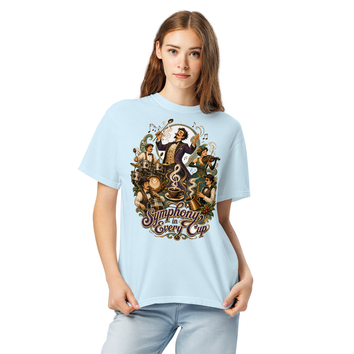 Coffee Lovers Unisex Heavyweight T-shirt Symphony in Every Cup – Musical & Orchestral Coffee Graphic Tee by printfluence.net