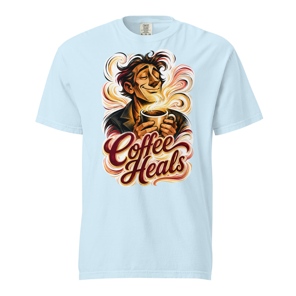 Coffee Lovers Unisex Garment-Dyed Heavyweight T-shirt Coffee Heals – Soulful Morning Motivation Graphic Tee by printfluence.net