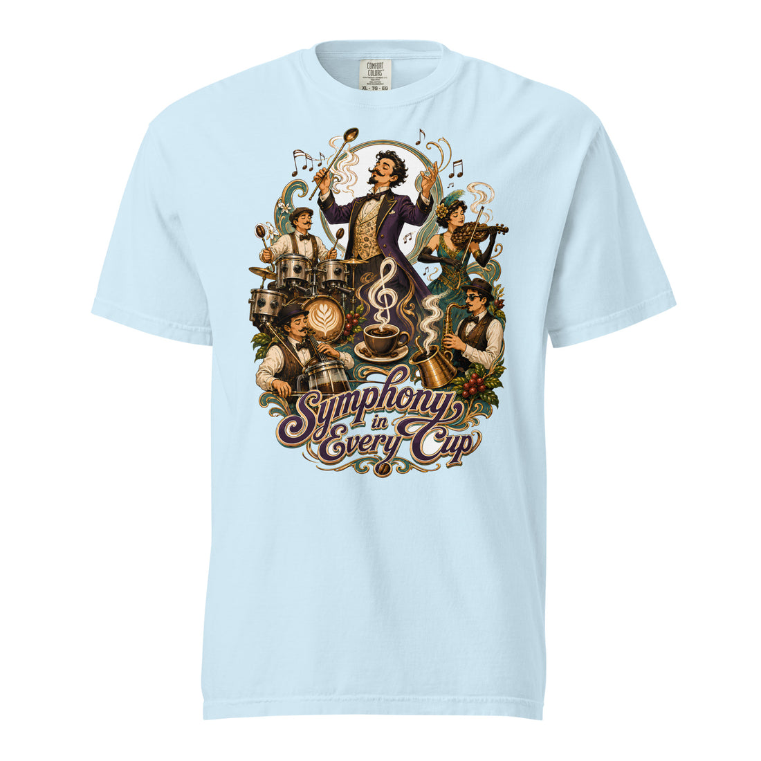 Coffee Lovers Unisex Heavyweight T-shirt Symphony in Every Cup – Musical & Orchestral Coffee Graphic Tee by printfluence.net