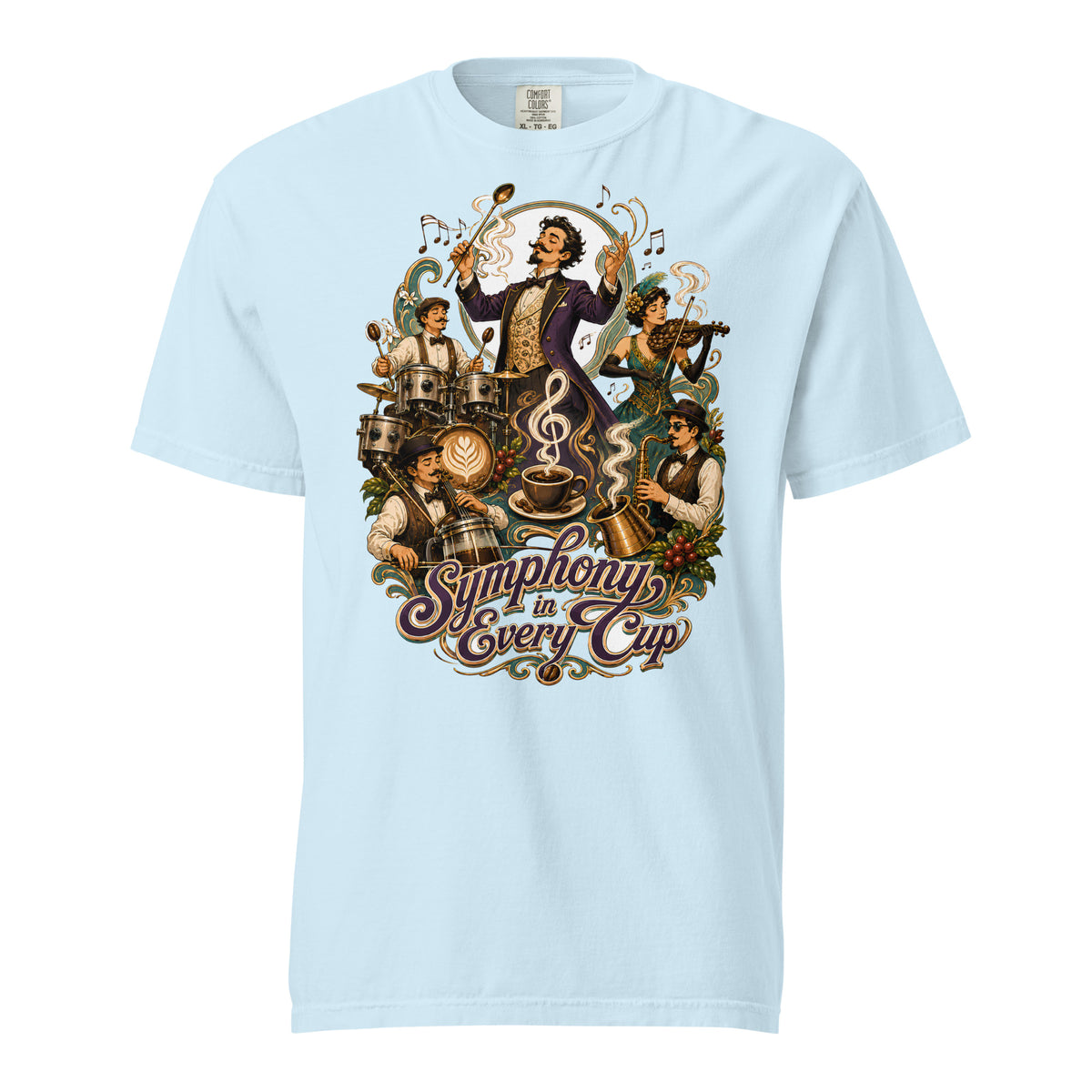 Coffee Lovers Unisex Heavyweight T-shirt Symphony in Every Cup – Musical & Orchestral Coffee Graphic Tee by printfluence.net